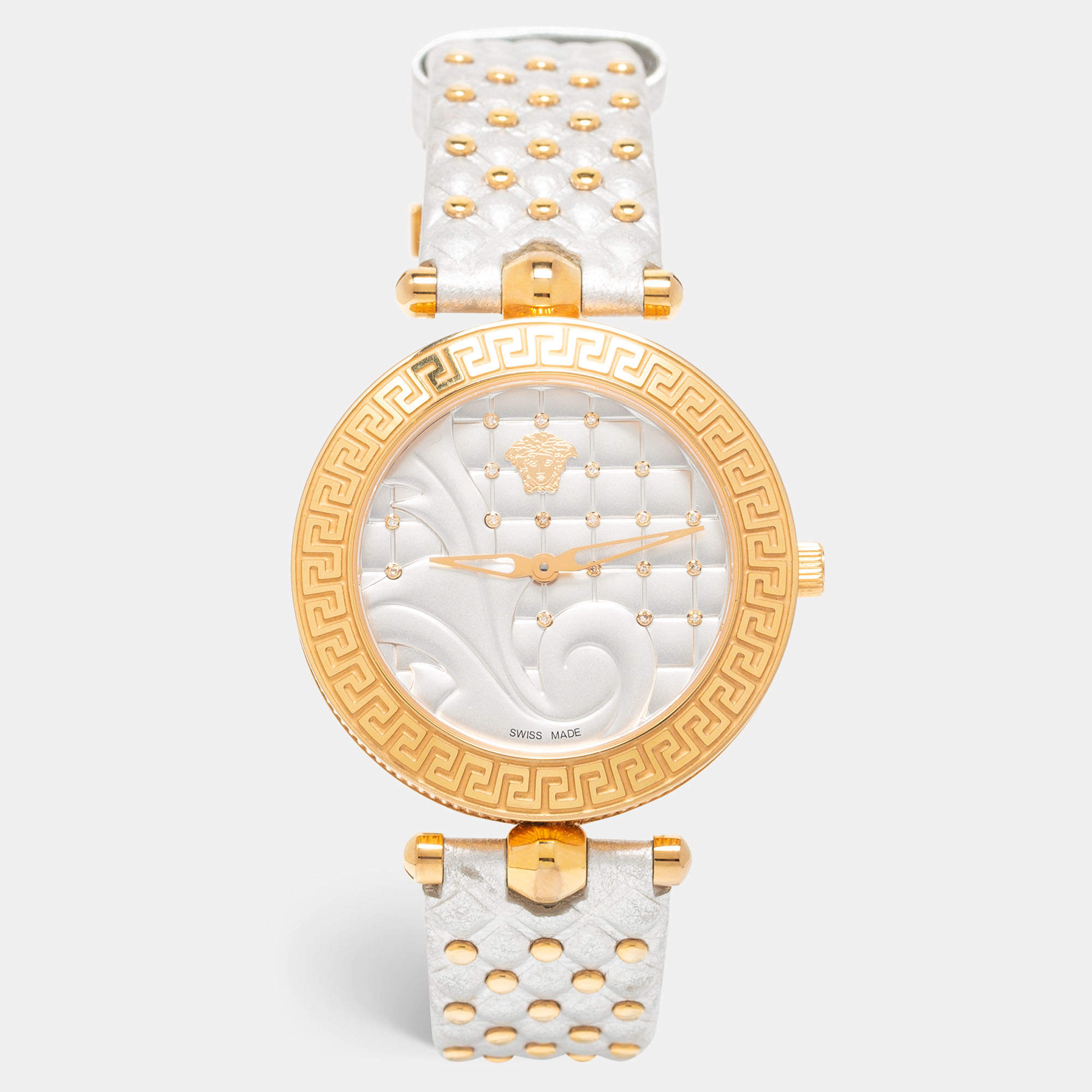 Pre Owned Versace Silver Rose Gold Plated Stainless Steel Leather Vanitas VK7 Women's Wristwatch 40 mm 