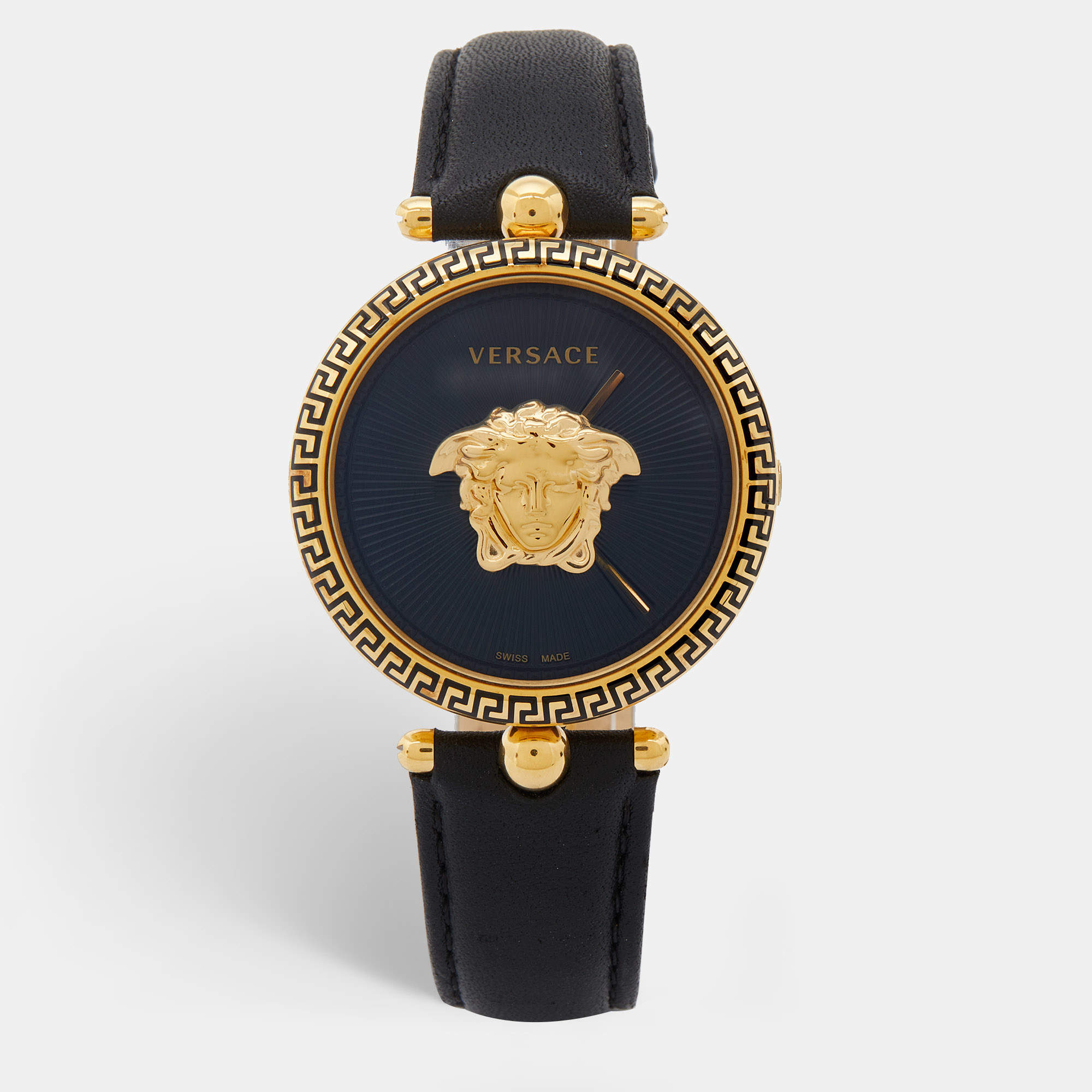 Versace Black Gold Plated Stainless Steel Leather Palazzo VCO Women's Wristwatch 39 mm
