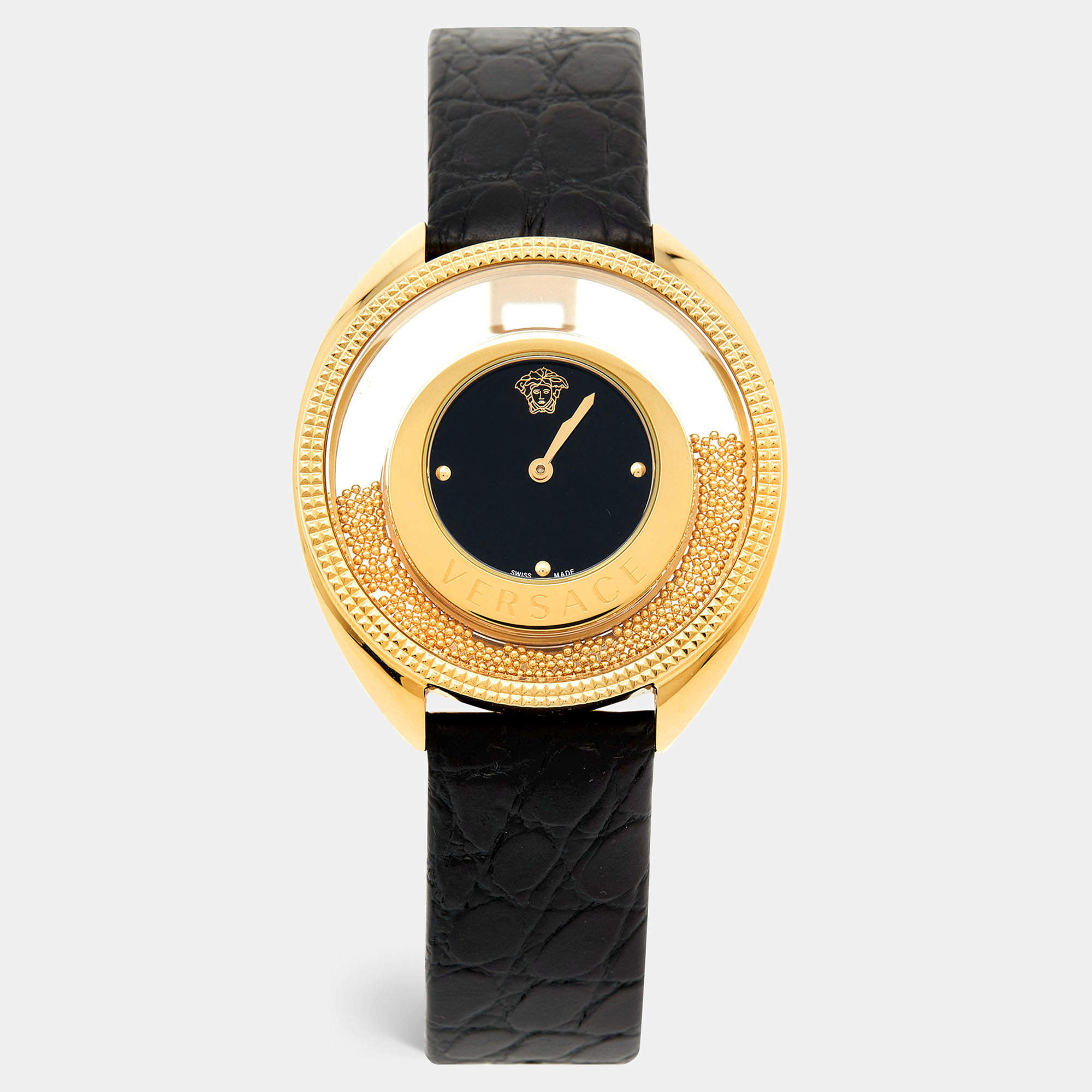 Pre Owned Versace Black Gold Plated Stainless Steel Leather Destiny Spirit 86Q Women's Wristwatch 39 mm