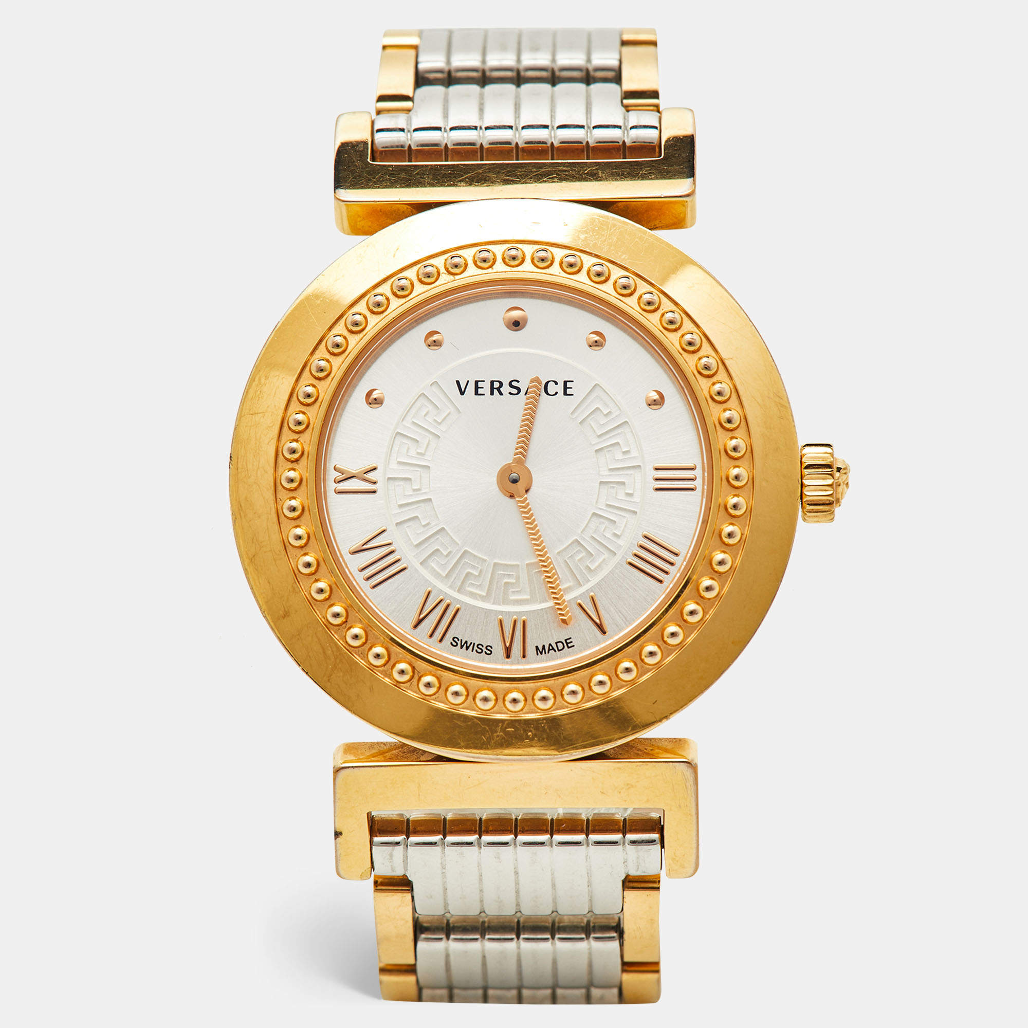 Pre Owned Versace Silver Two Tone Stainless Steel Vanity P5Q Women's Wristwatch 35 mm