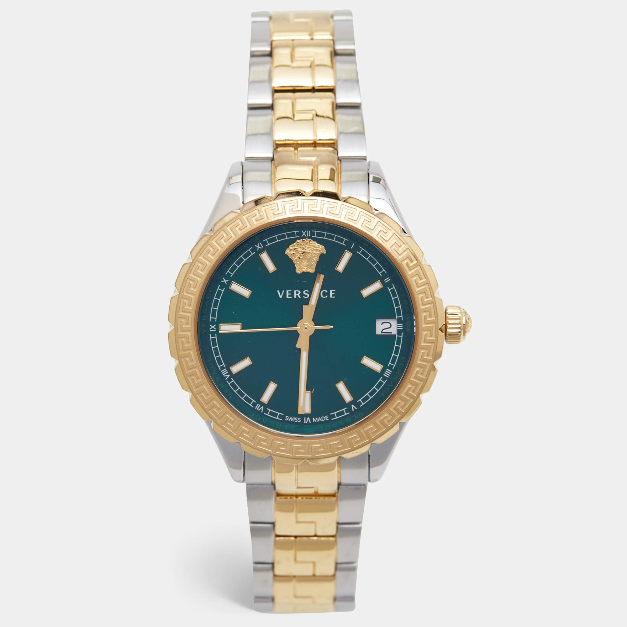 Versace Green Two-Tone Stainless Steel Hellenyium V12050016 Women's Wristwatch 35 mm