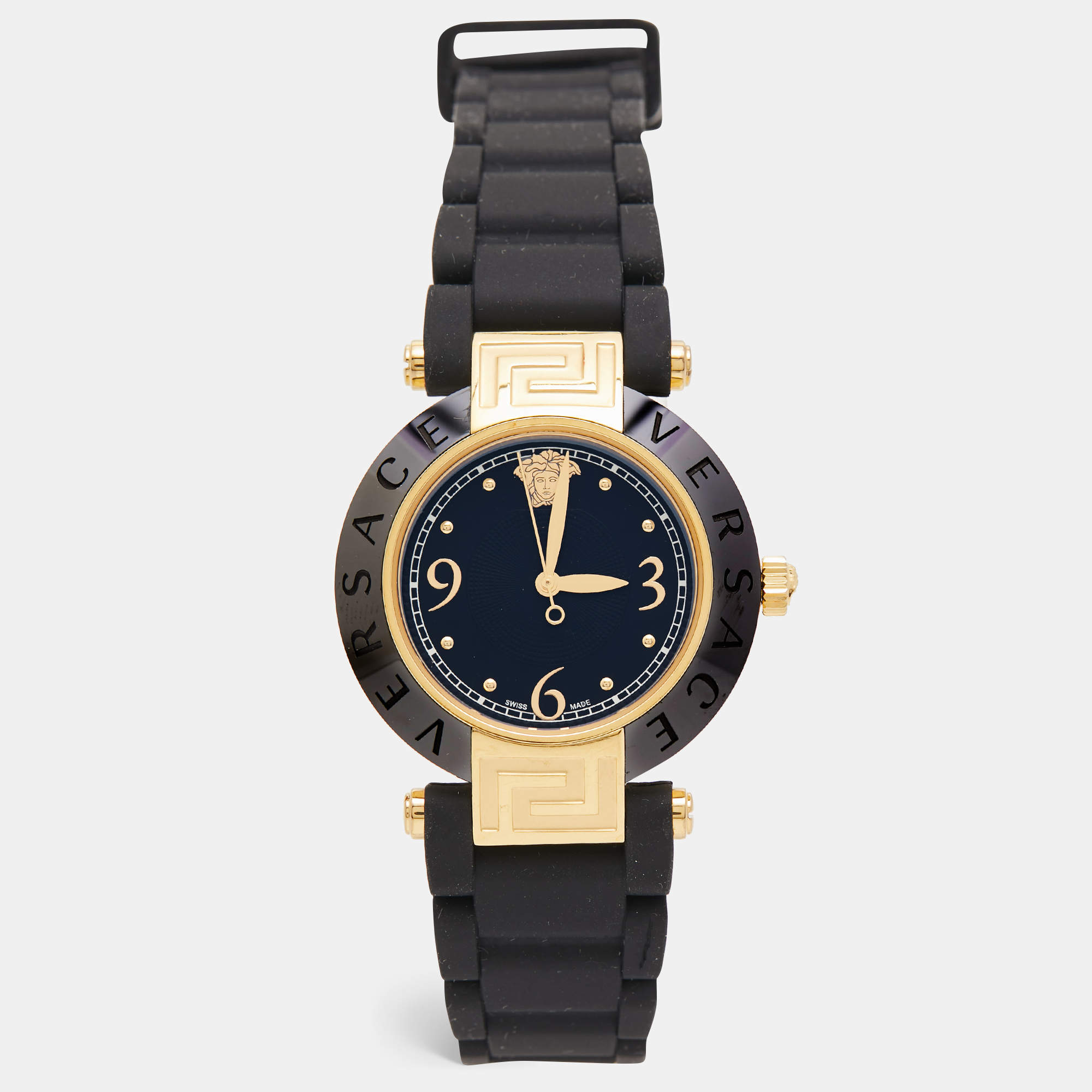 Pre Owned Versace Black Ceramic Gold Plated Steel Silicon Rubber Reve 92Q Women's Wristwatch 35 mm