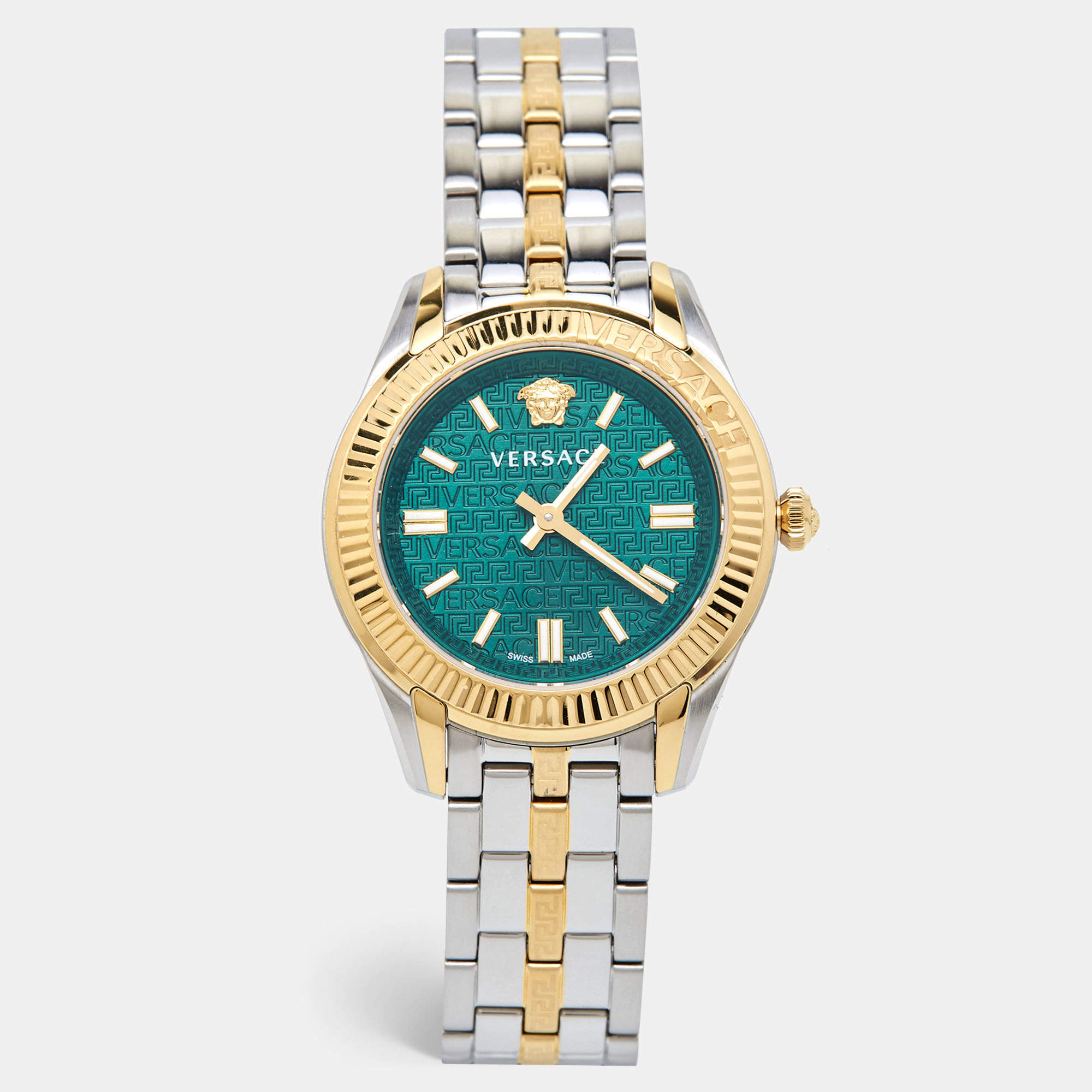 Pre Owned Versace Green Two-Tone Stainless Steel Greca VE6C00423 Women's Wristwatch 35 mm