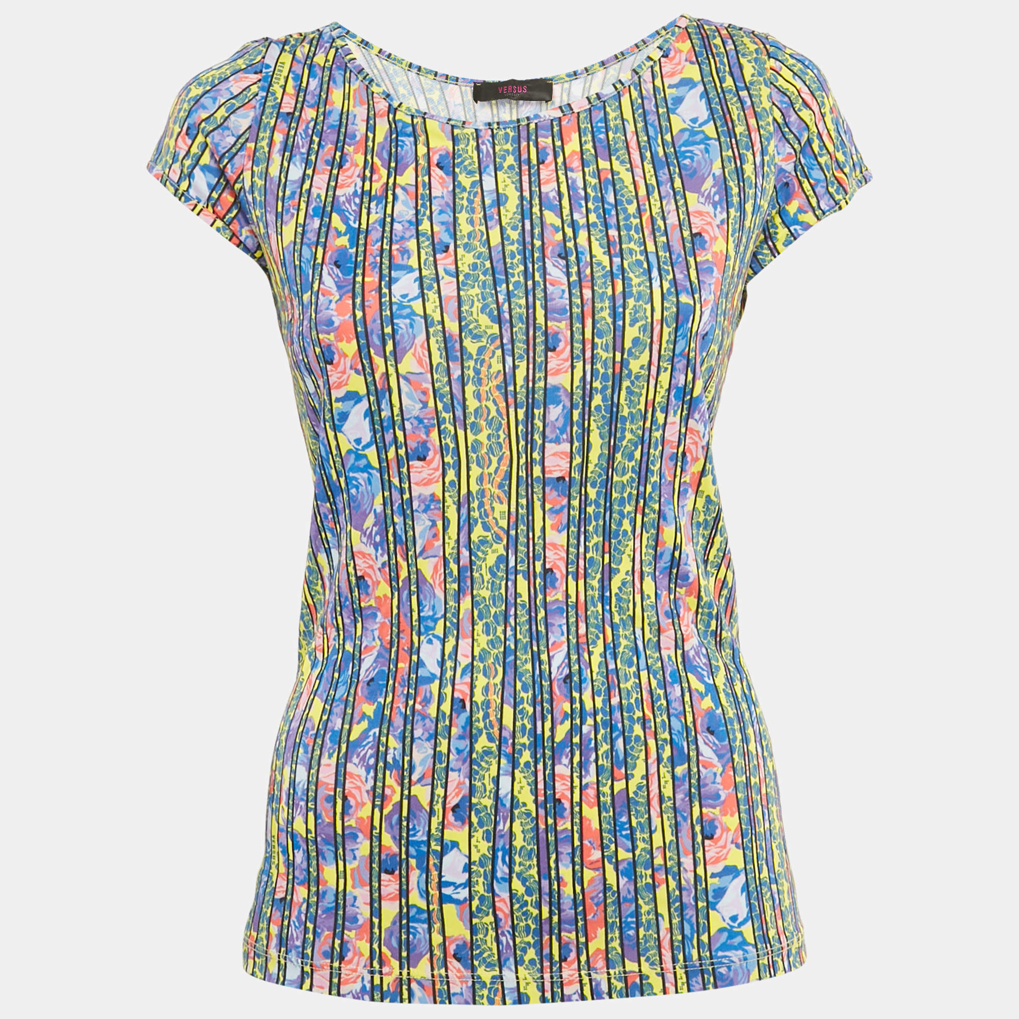 Pre Owned Versus Versace Blue/Yellow Printed Jersey Top L