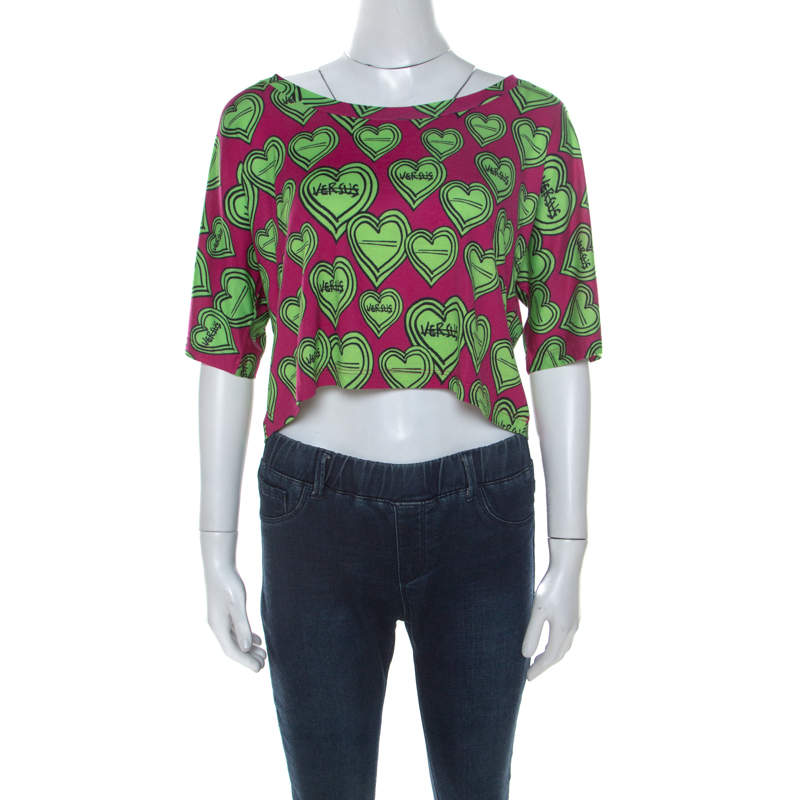Pre Owned Versus Versace Pink and Green Heart Printed Jersey Crop Top M