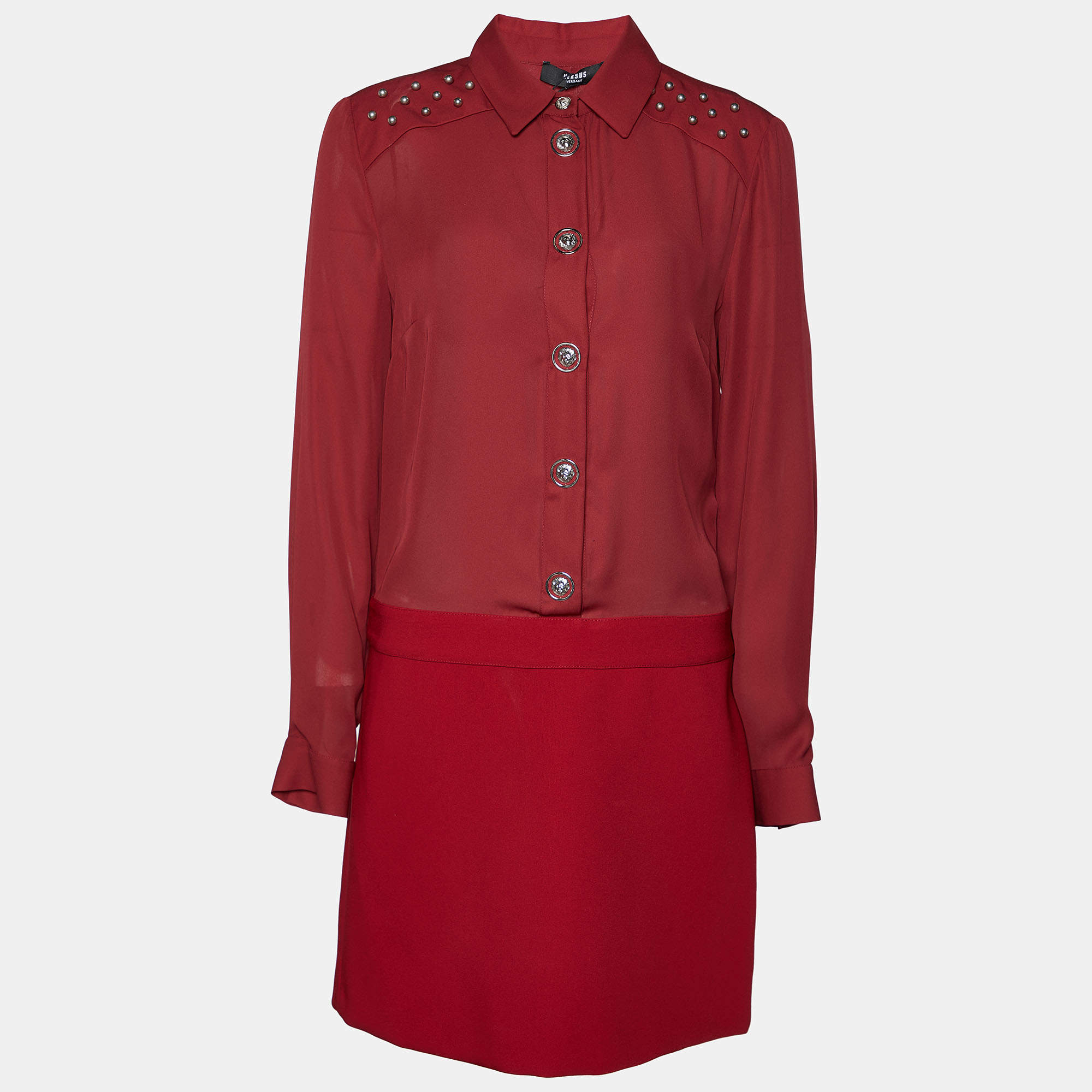 Versus Versace Burgundy Chiffon & Crepe Button Front Mini Dress M
