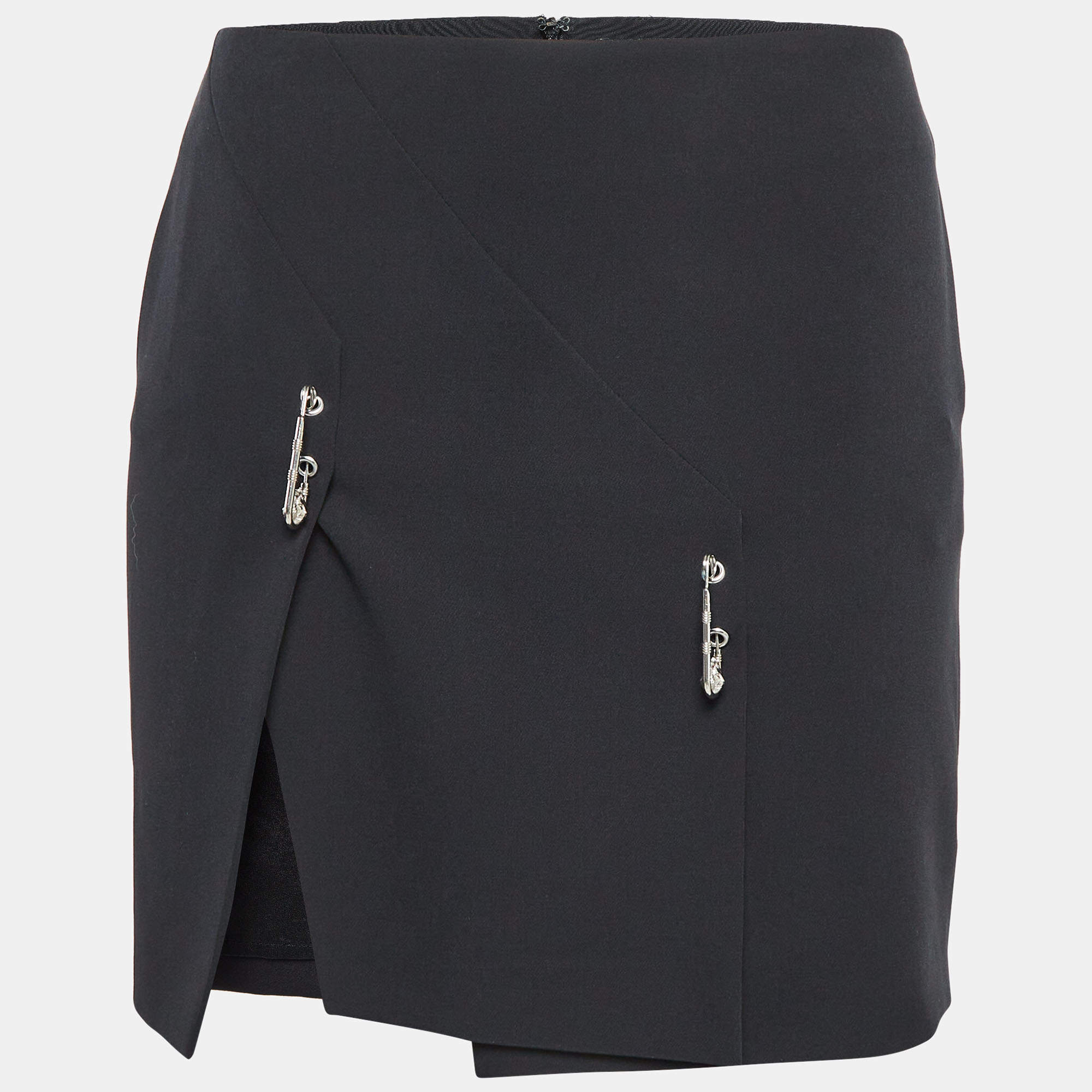 Pre Owned Versus Versace Black Crepe Logo Safety Pin Mini Skirt S