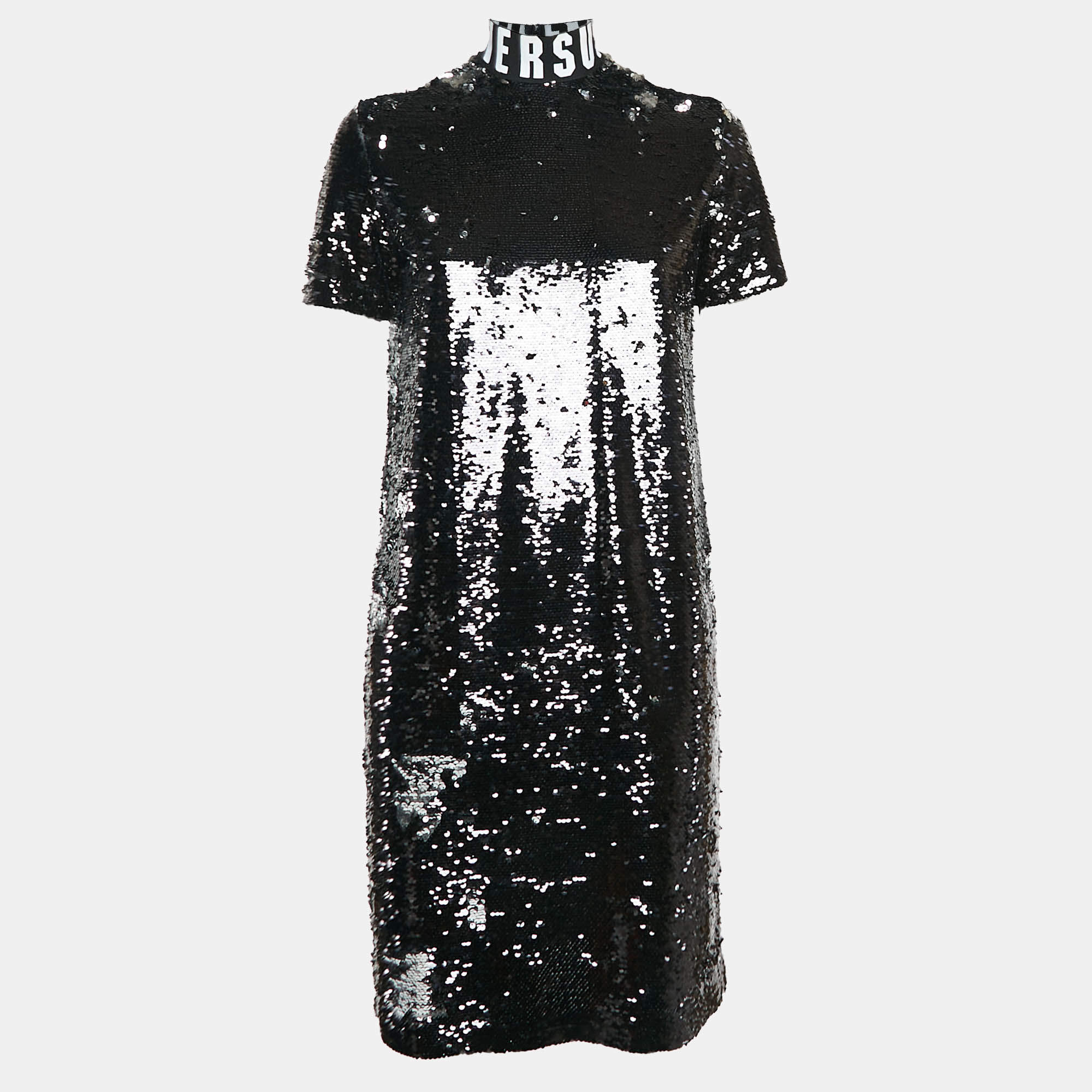 Versus Versace Black Sequin Embellished Mesh High-Neck Mini Dress S