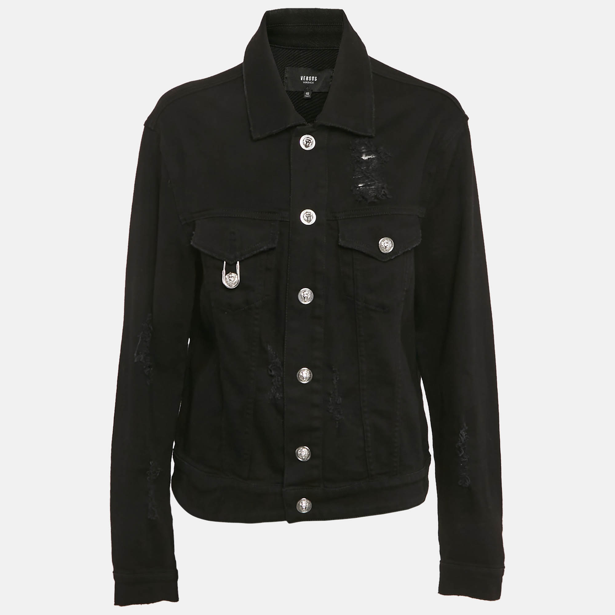 Versus Versace Black Distressed Denim Button Detail Jacket L