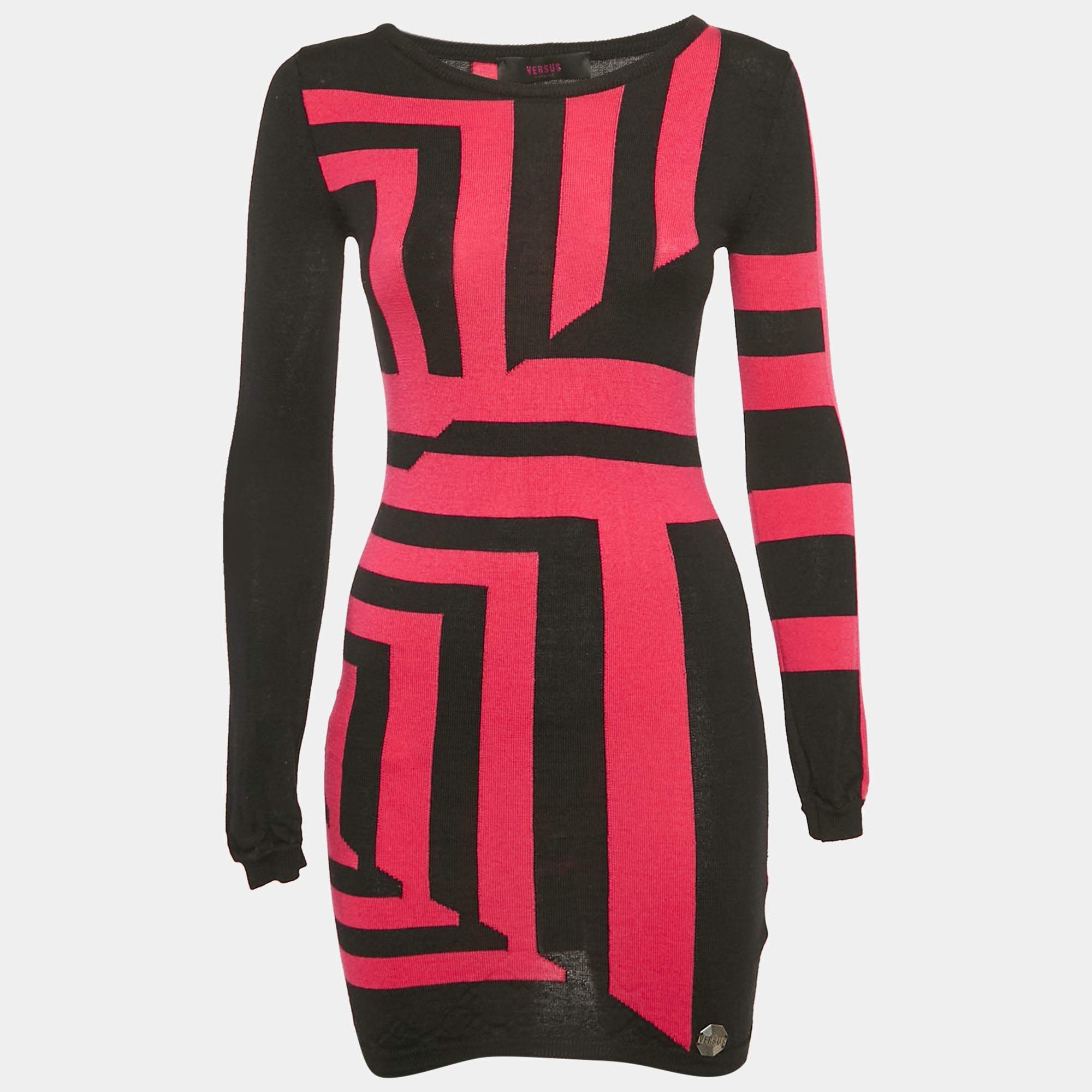 Pre Owned Versus Versace Black/Pink Patterned Knit Mini Sweater Dress S