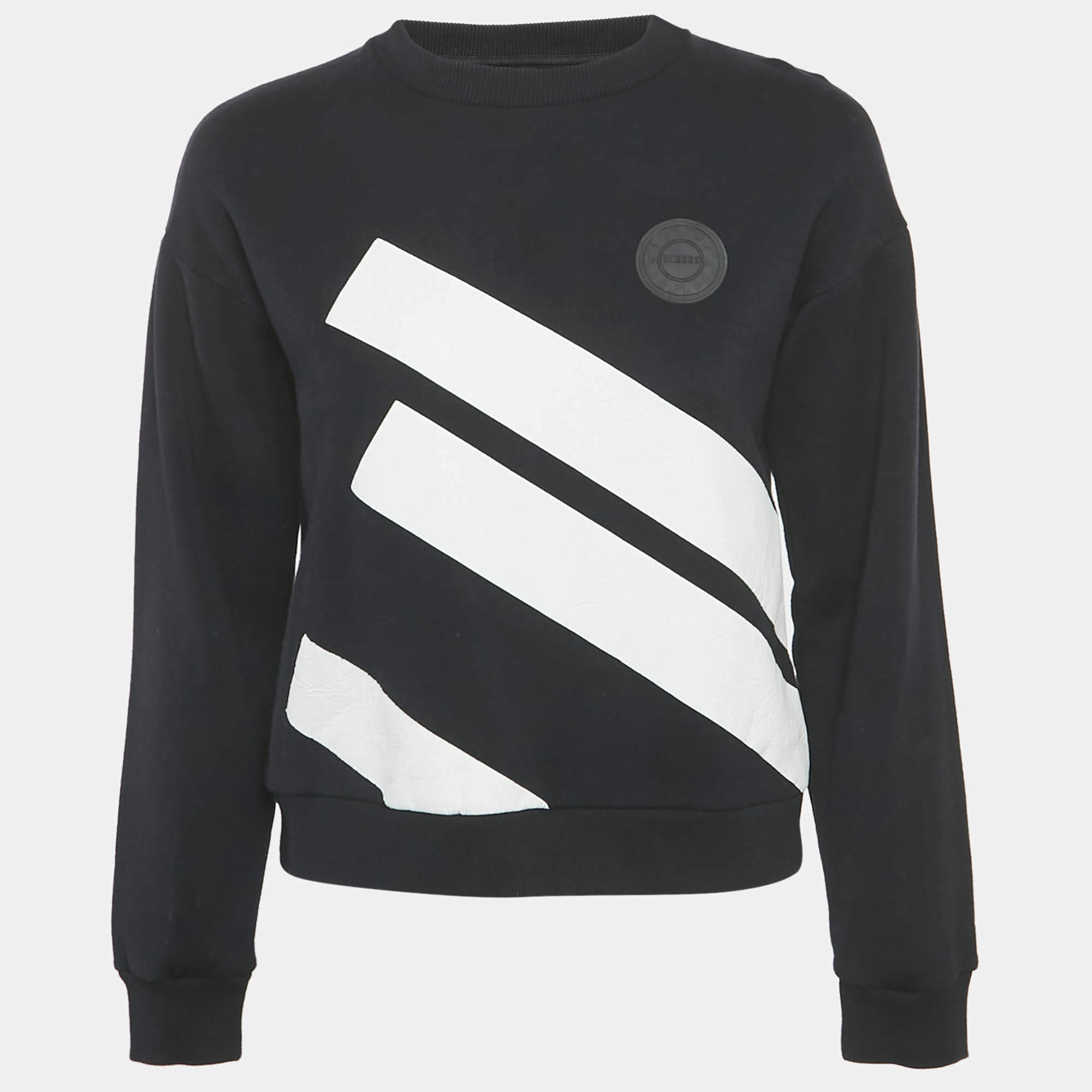Pre Owned Versus Versace Black Striped Cotton Knit Applique Detail Sweatshirt XS