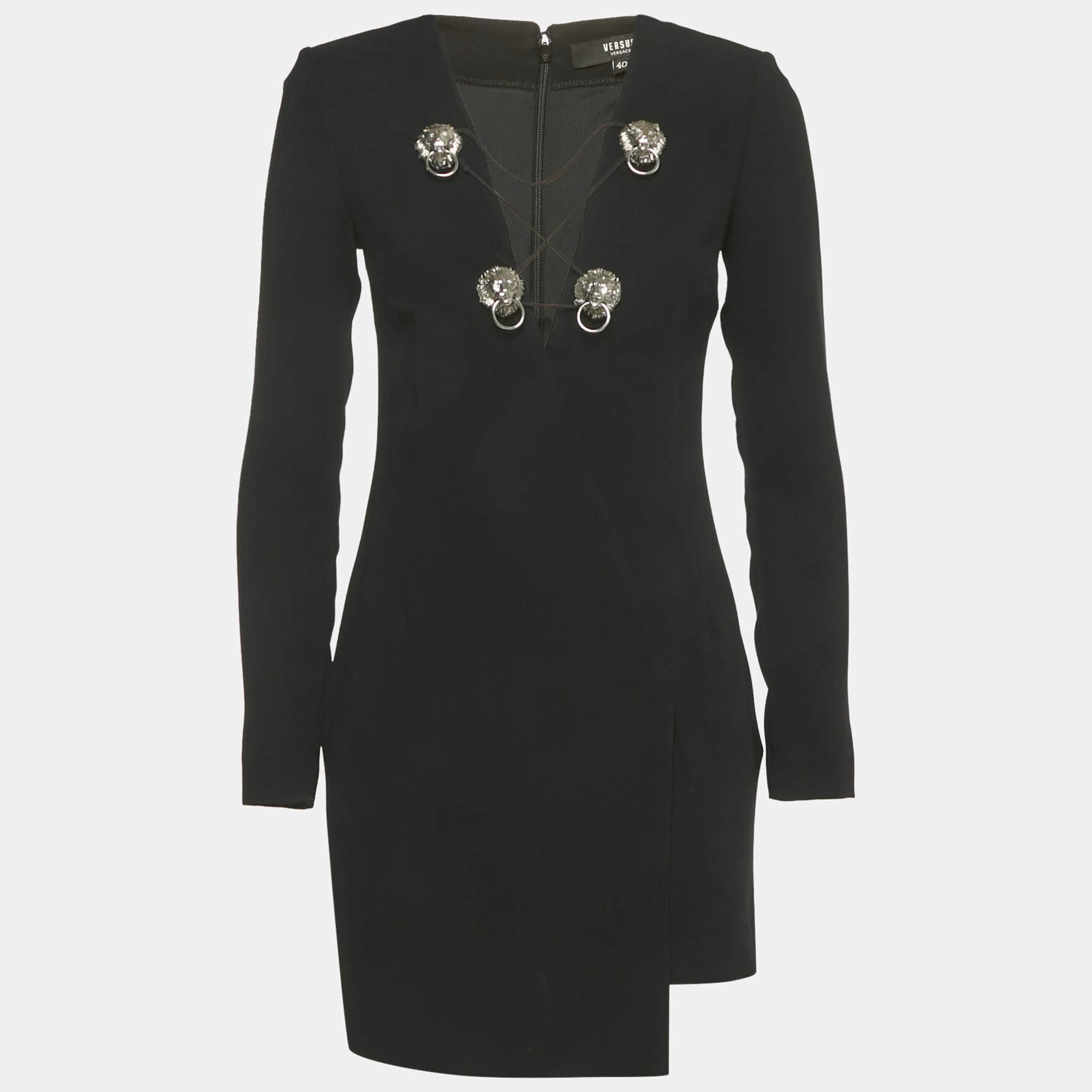 Pre Owned Versus Versace Black Crepe Logo Metal Detail Mini Dress S