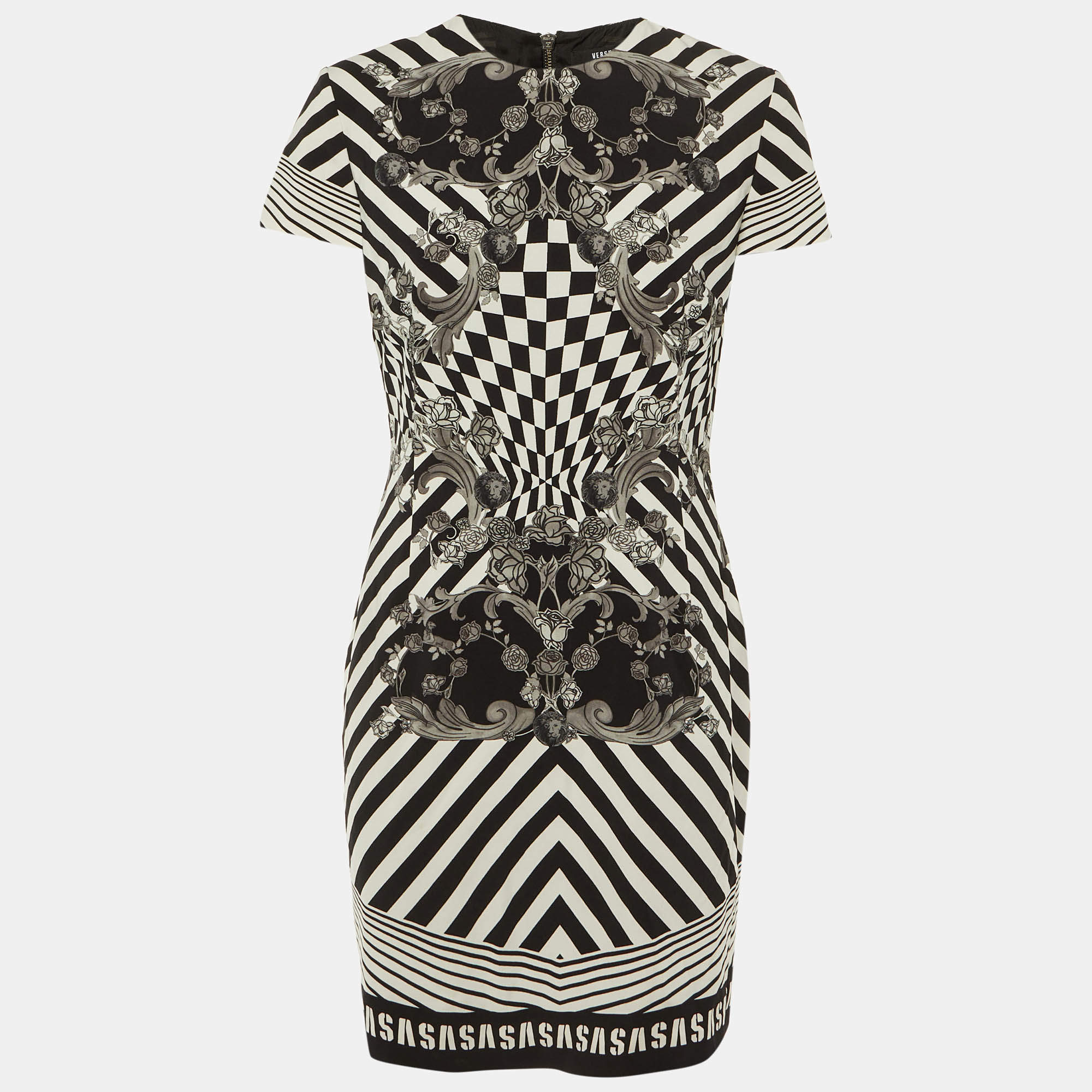 Pre Owned Versus Versace Monochrome Printed Crepe Shift Dress L