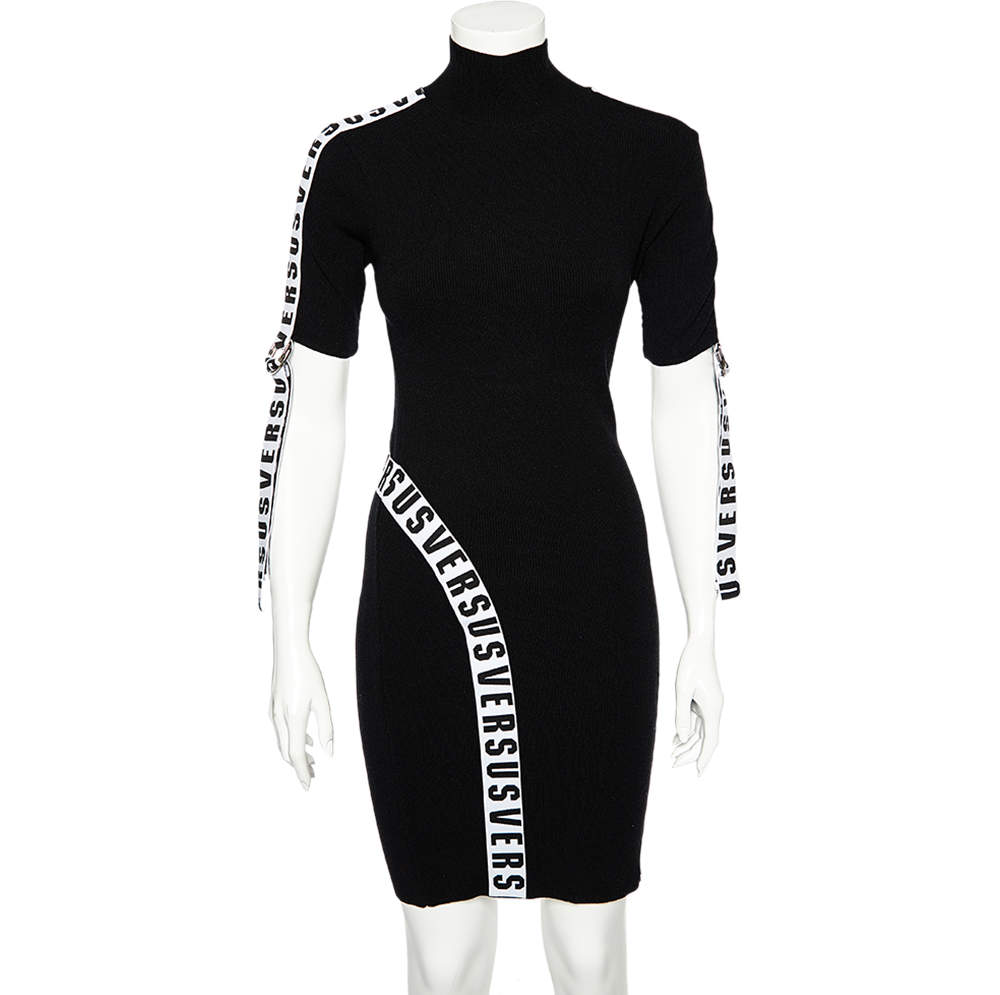 Pre Owned Versus Versace Black Rib Knit Logo Band Detail High Neck Bodycon Dress M