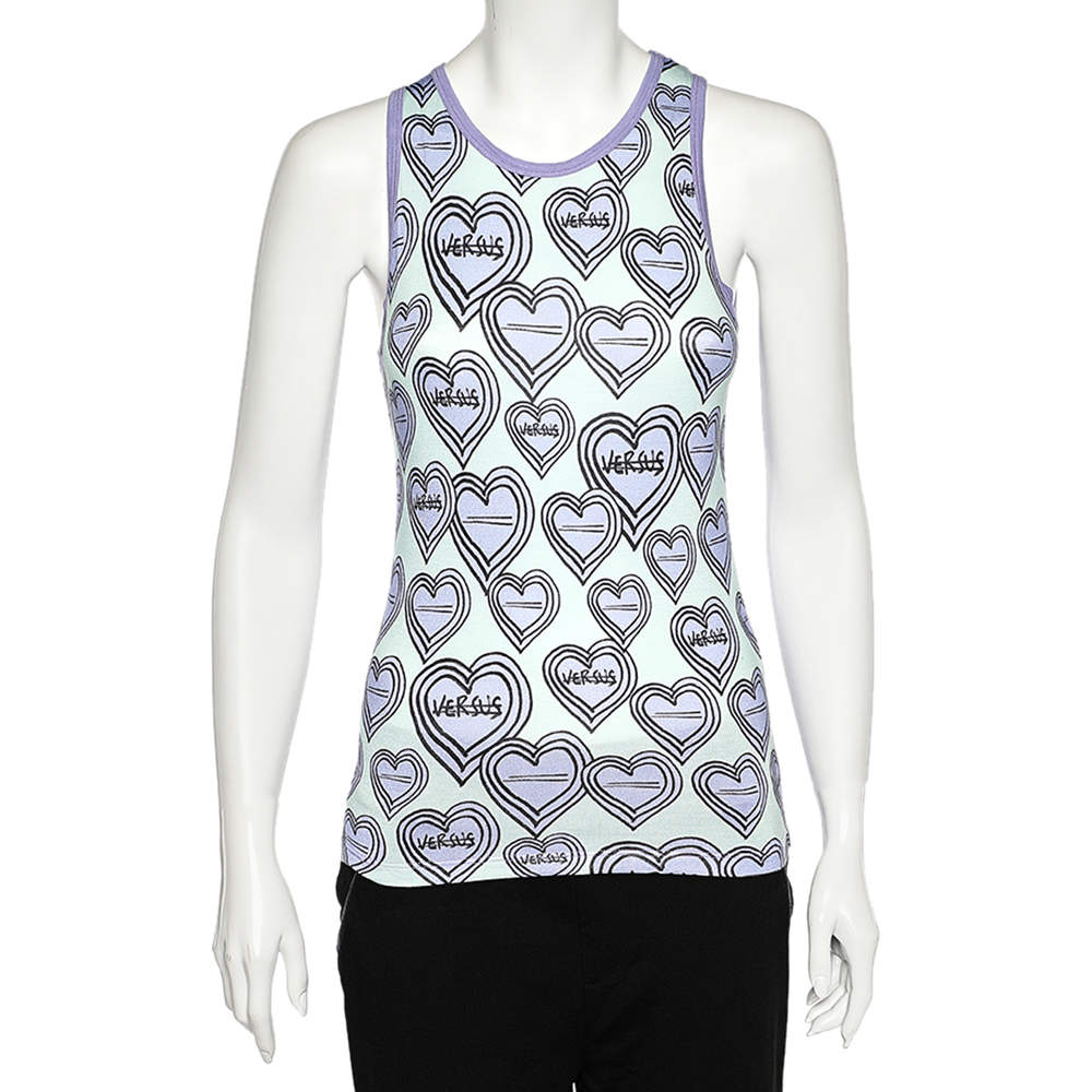 Versus Versace Purple & Green Heart Printed Knit Tank Top S