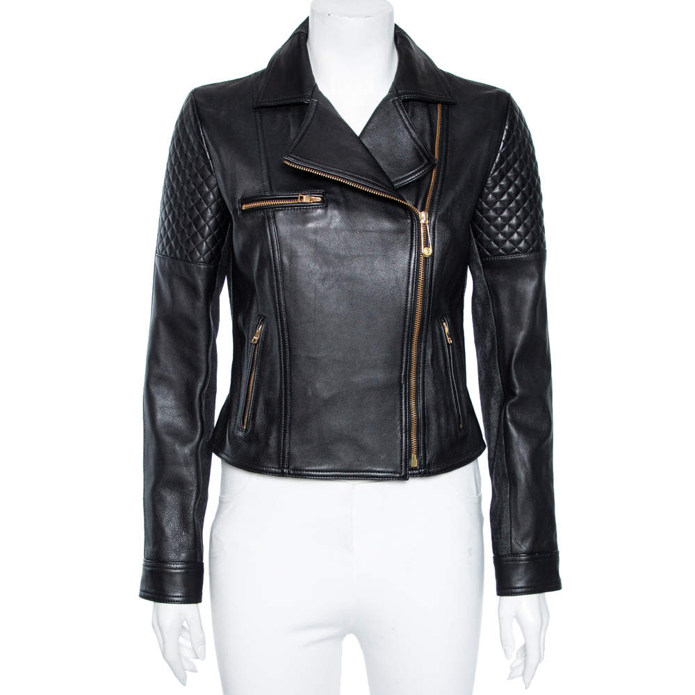 Pre Owned Versus Versace Black Leather & Denim Paneled Biker Jacket M