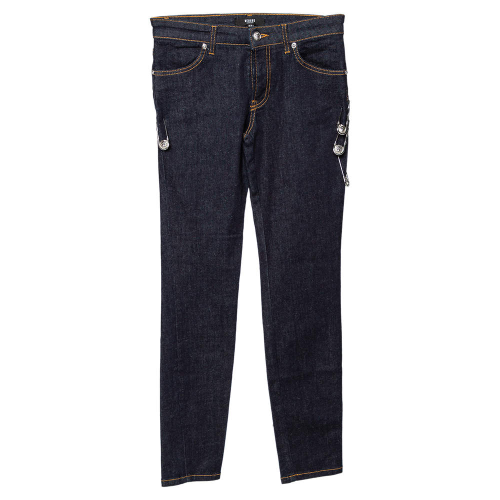 Versus Versace Navy Blue Denim Lion Head Pin Detail Skinny Jeans XS