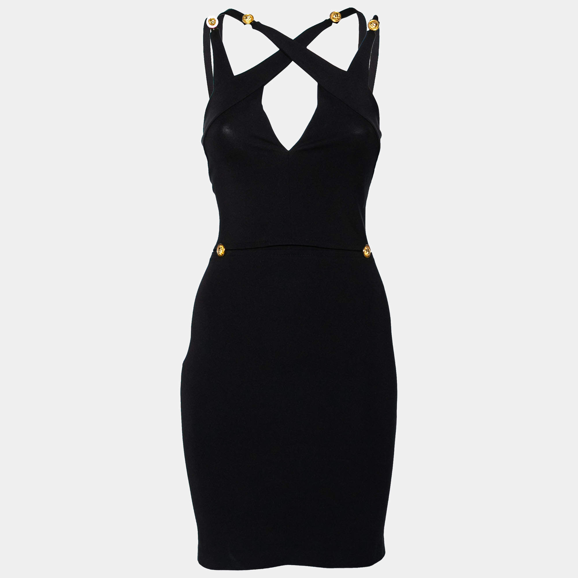 Pre Owned Versus Versace Black Stretch Knit Cross Back Detail Short Dress S