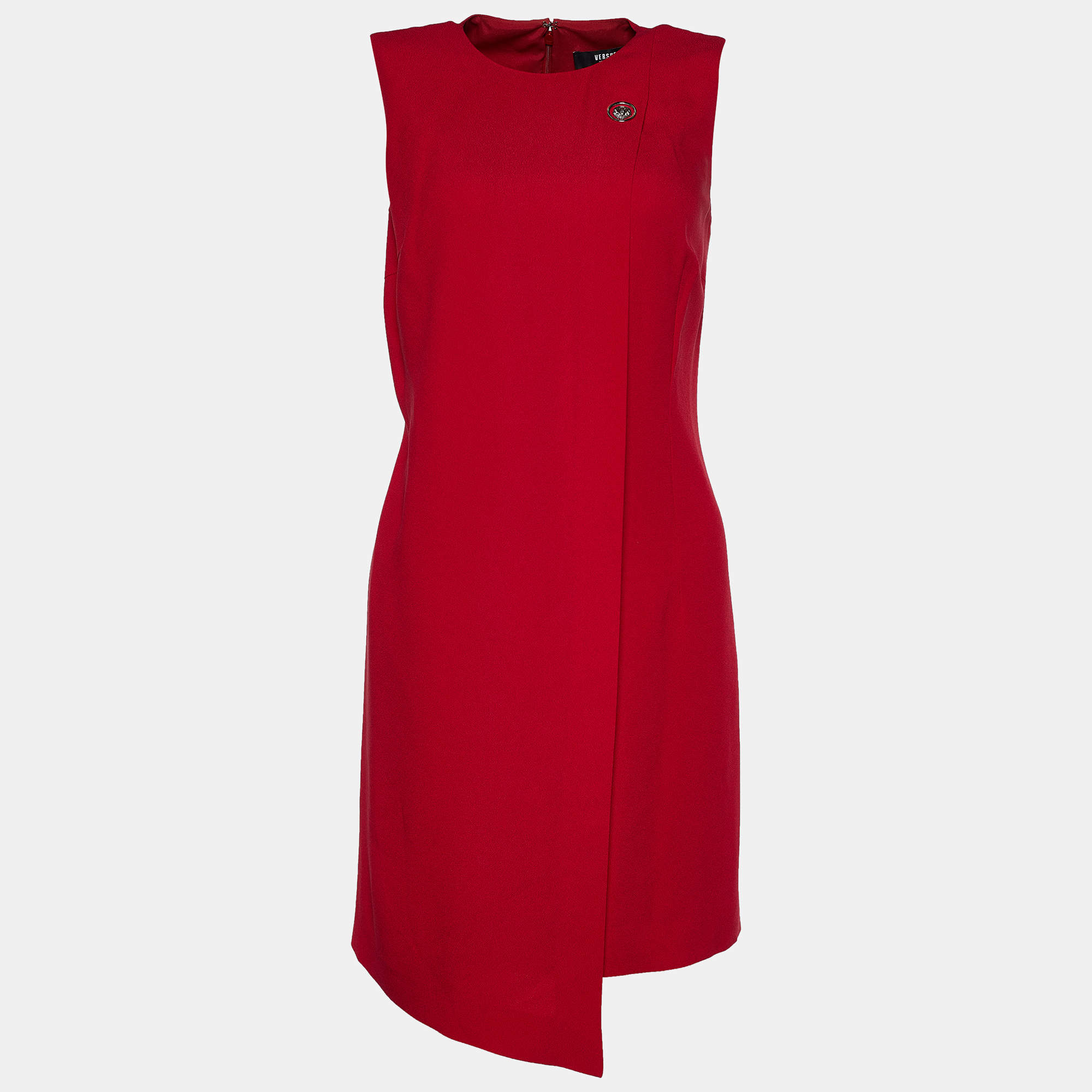 Pre Owned Versus Versace Red Crepe Lion Brooch Detail Mini Dress S