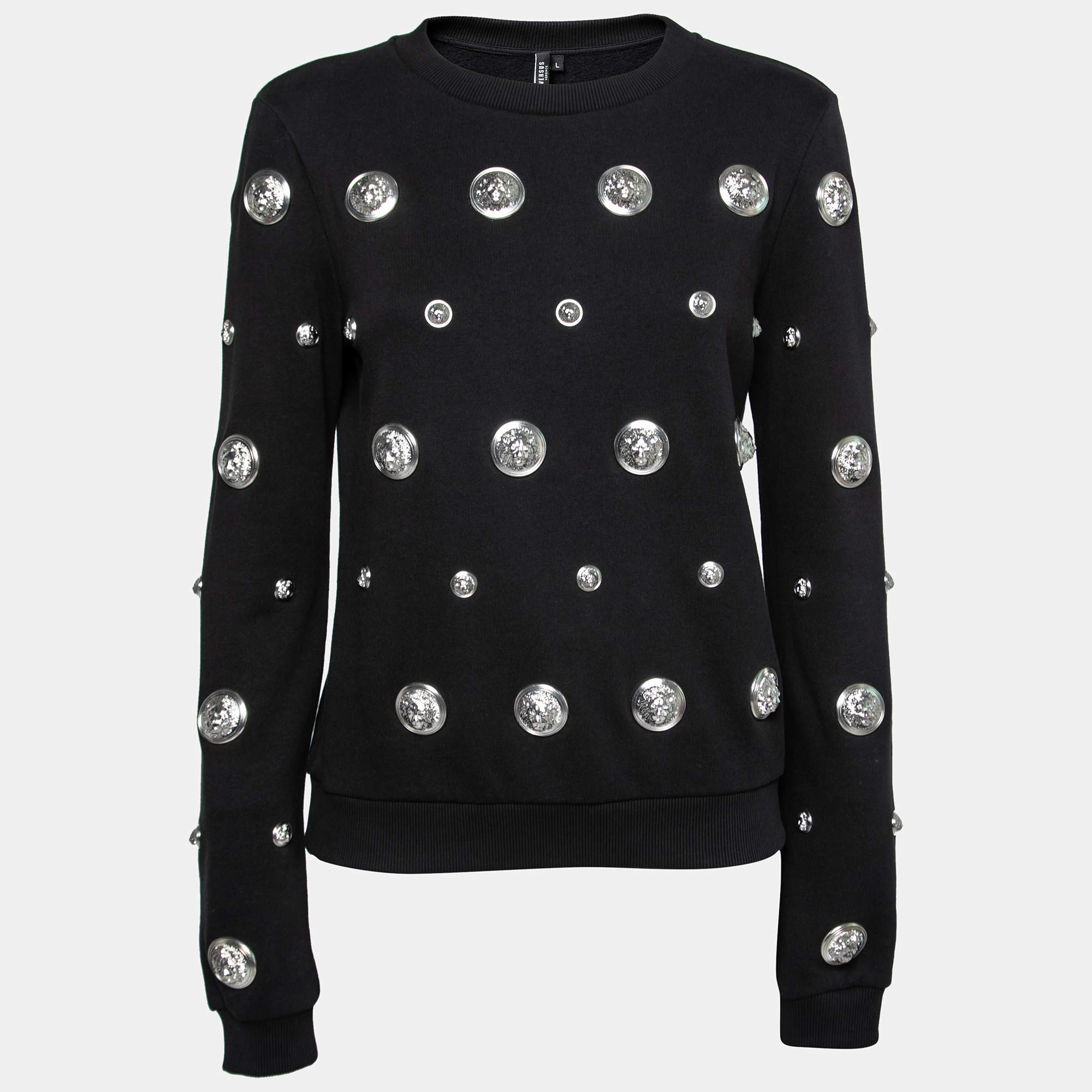 Pre Owned Versus Versace Black All Over Embellished Cotton Crewneck Sweatshirt L