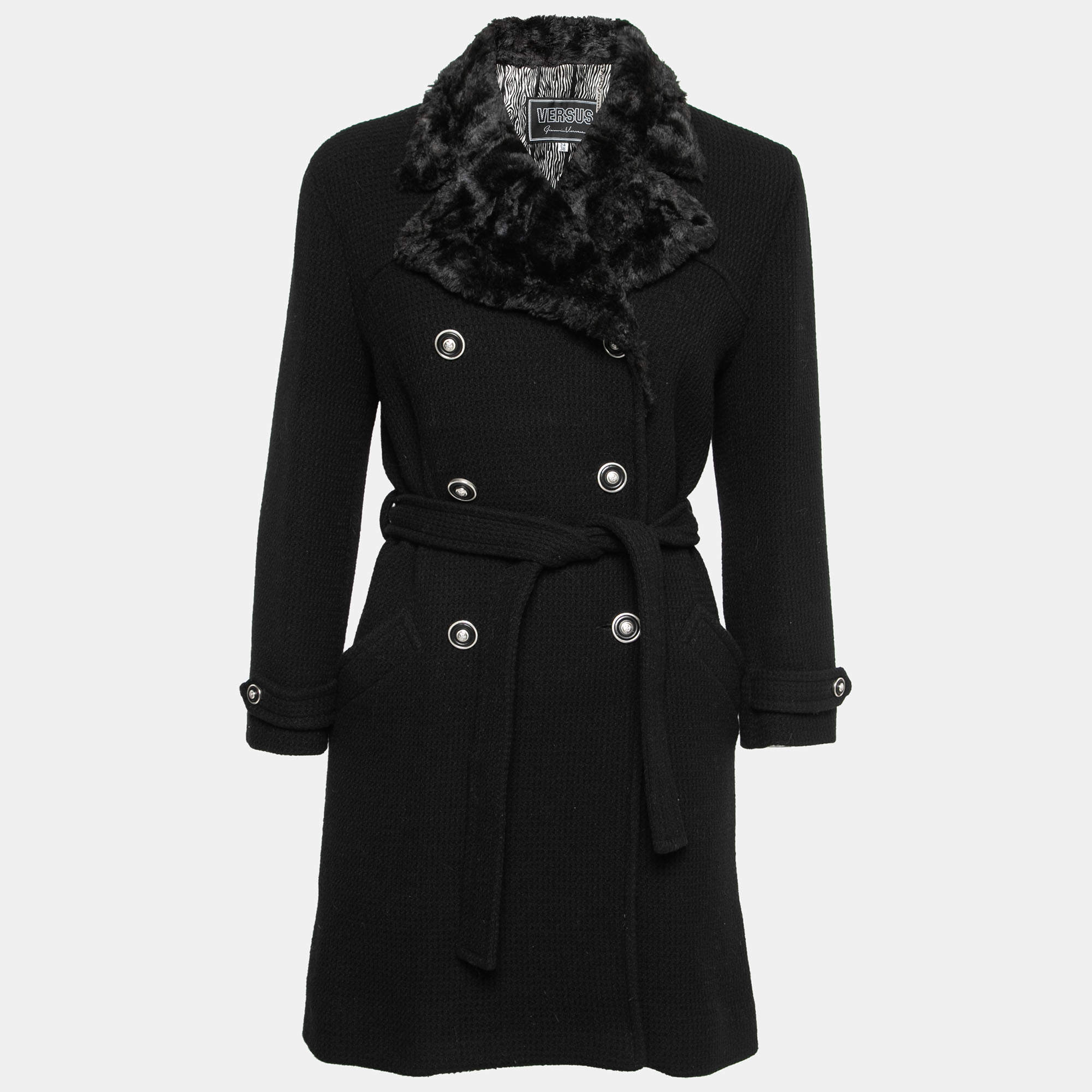 Pre Owned Versus Versace Vintage Black Faux-Fur Collar Wool Belted Coat S