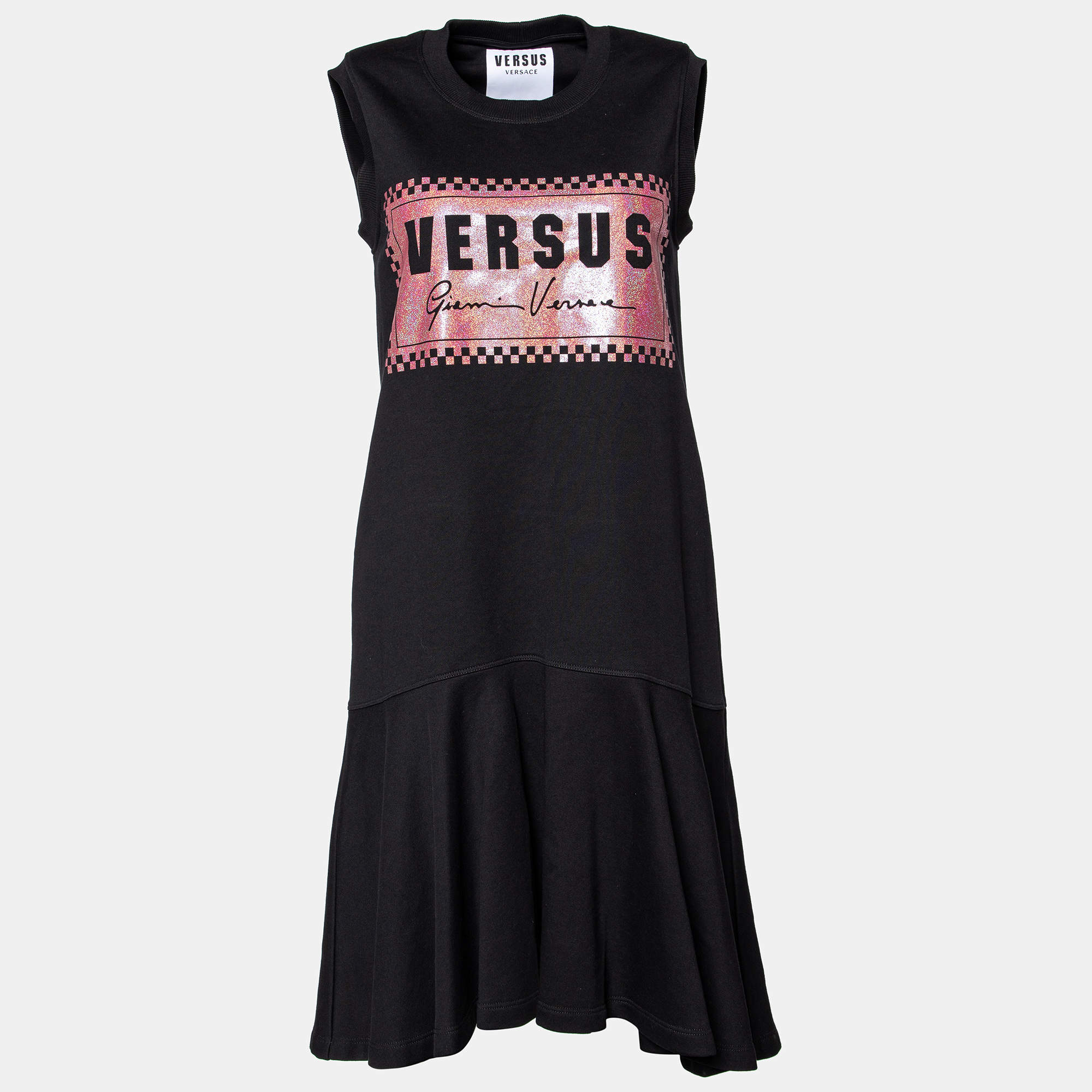 Pre Owned Versus Versace Black Knit Metallic Logo Detail Midi Dress XS