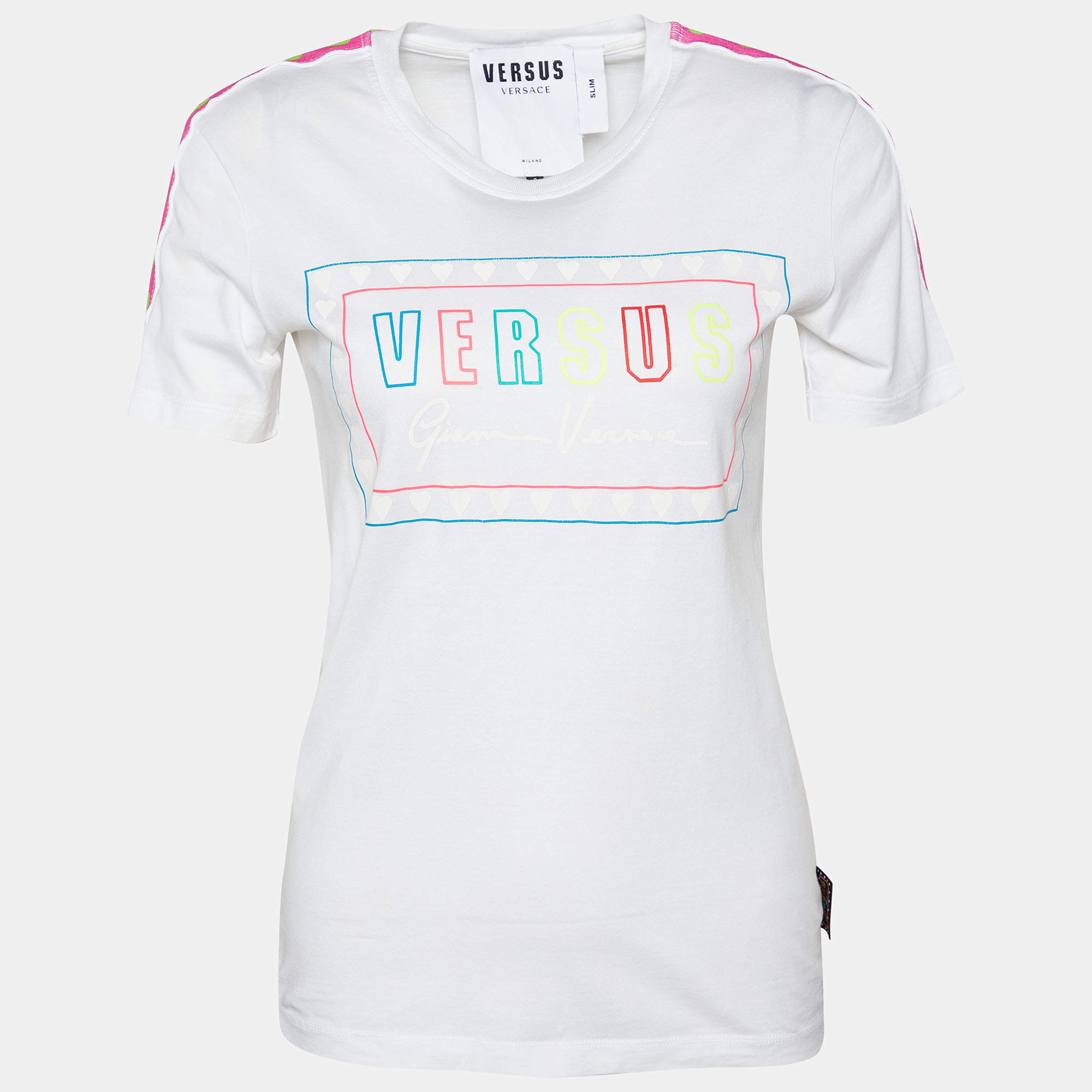 Pre Owned Versus Versace White Contrast Logo Tape Detail Cotton Knit T-Shirt S