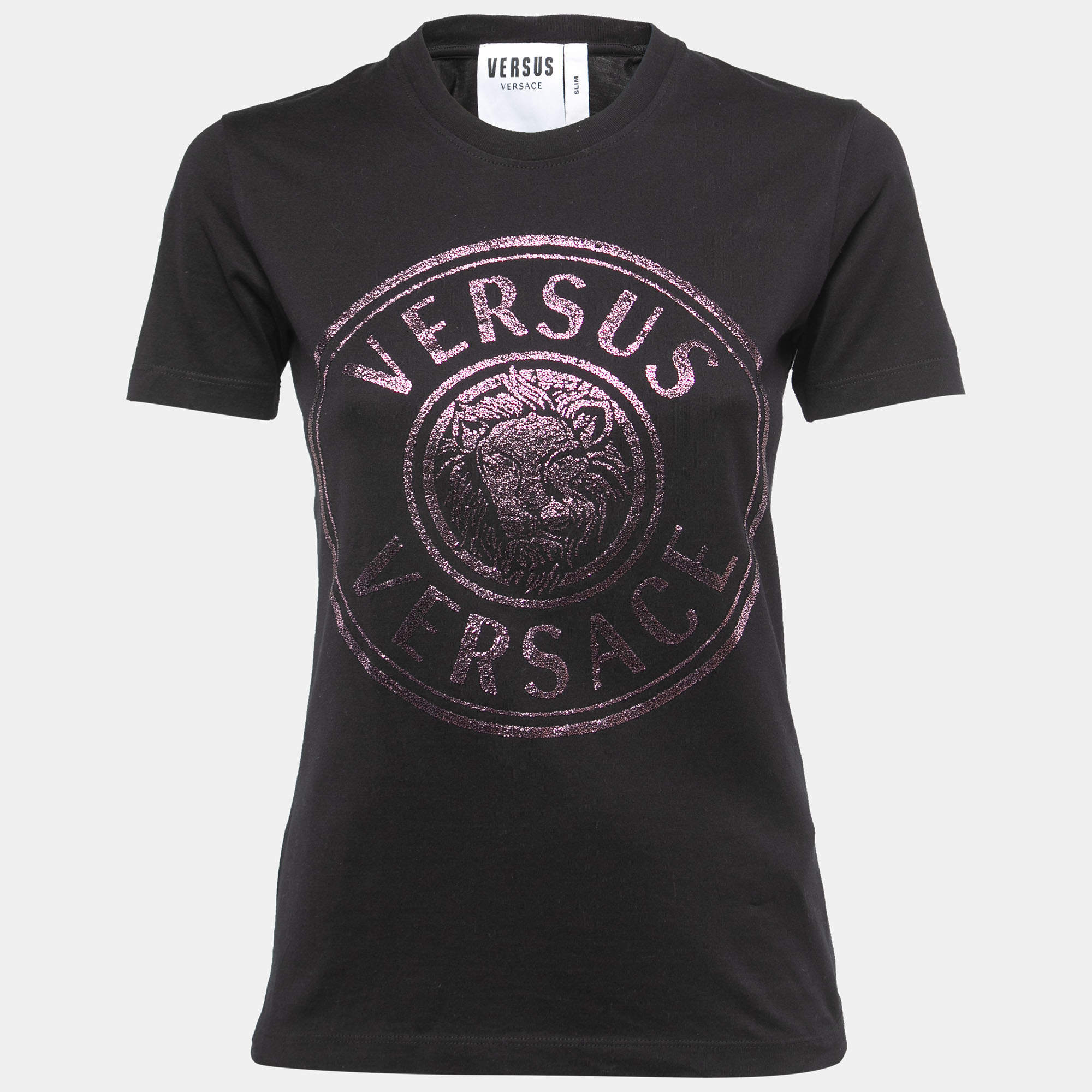 Pre Owned Versus Versace Black Contrast Logo Detail Cotton Crew Neck Half Sleeve T-Shirt S