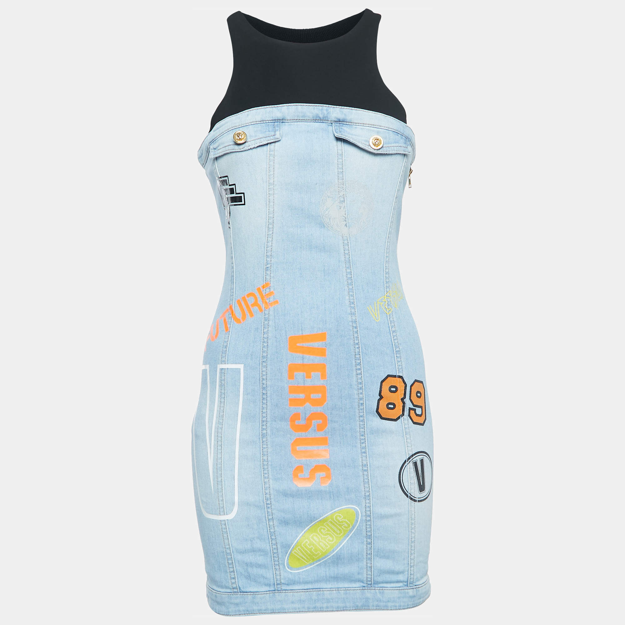 Pre Owned Versus Versace Blue Logo Print Denim & Crepe Sleeveless Mini Dress S