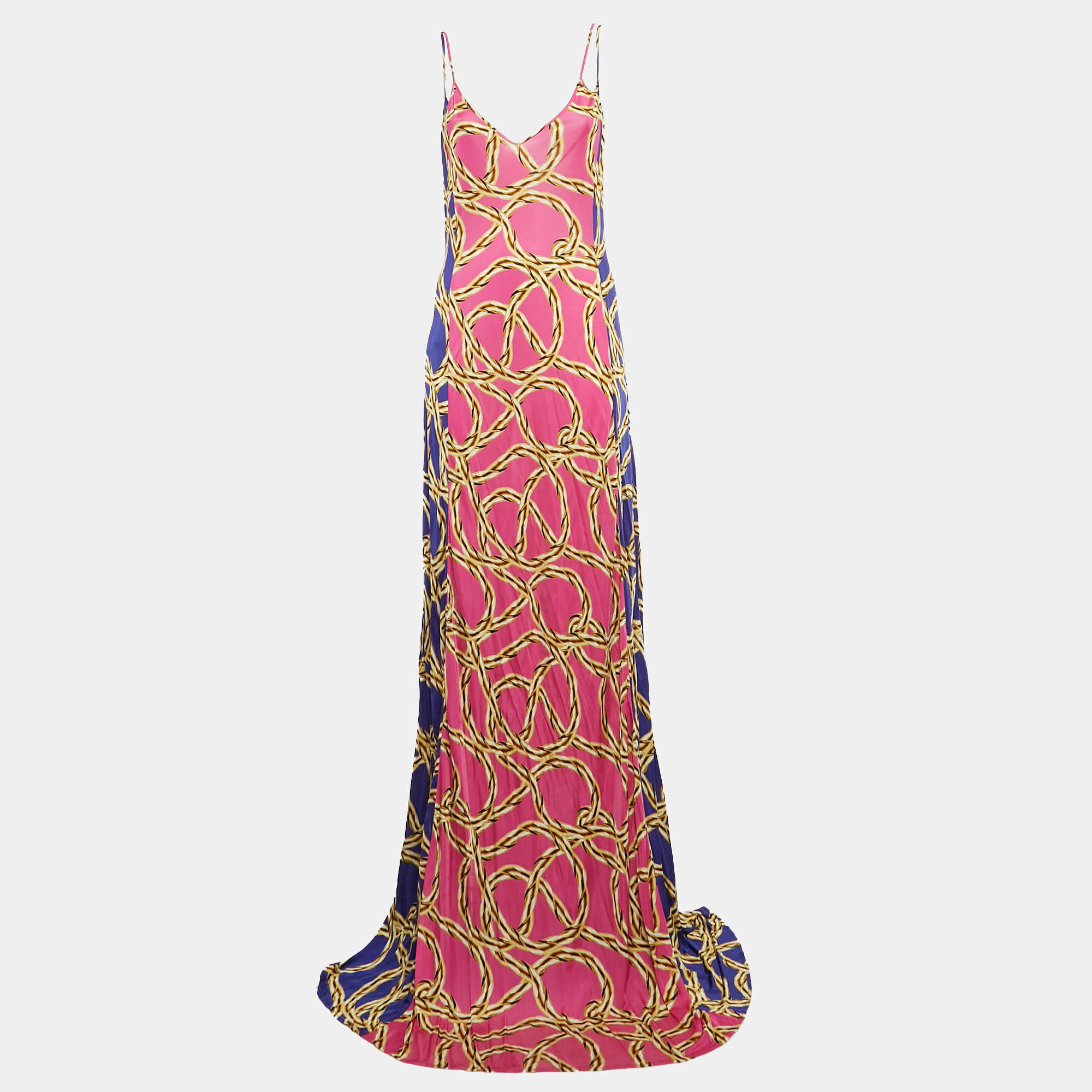 Pre Owned Vetements Pink/Blue Chain Print Jersey Strappy Maxi Dress L