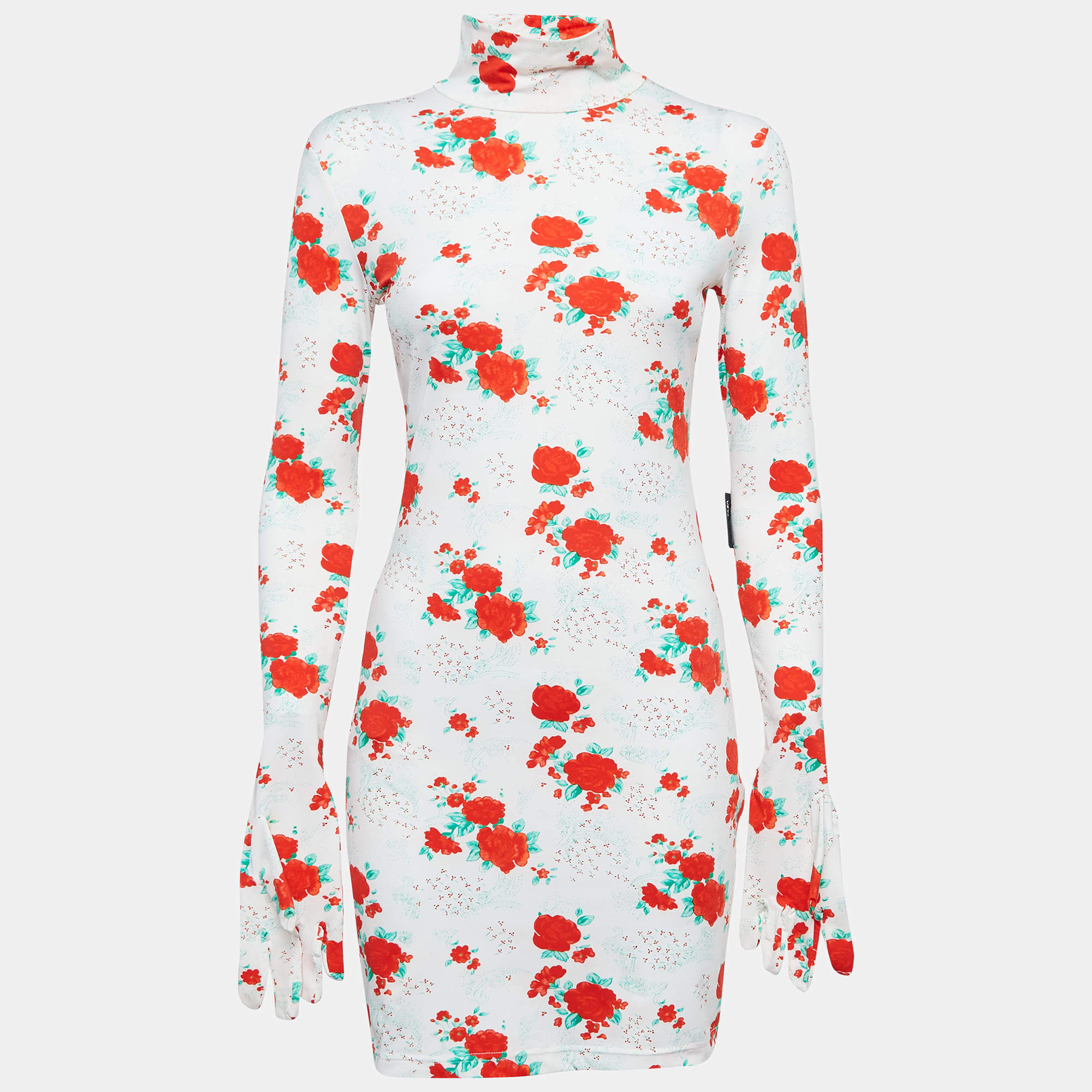 Vetements White Floral Print Jersey Bodycon Mini Dress With Golves M