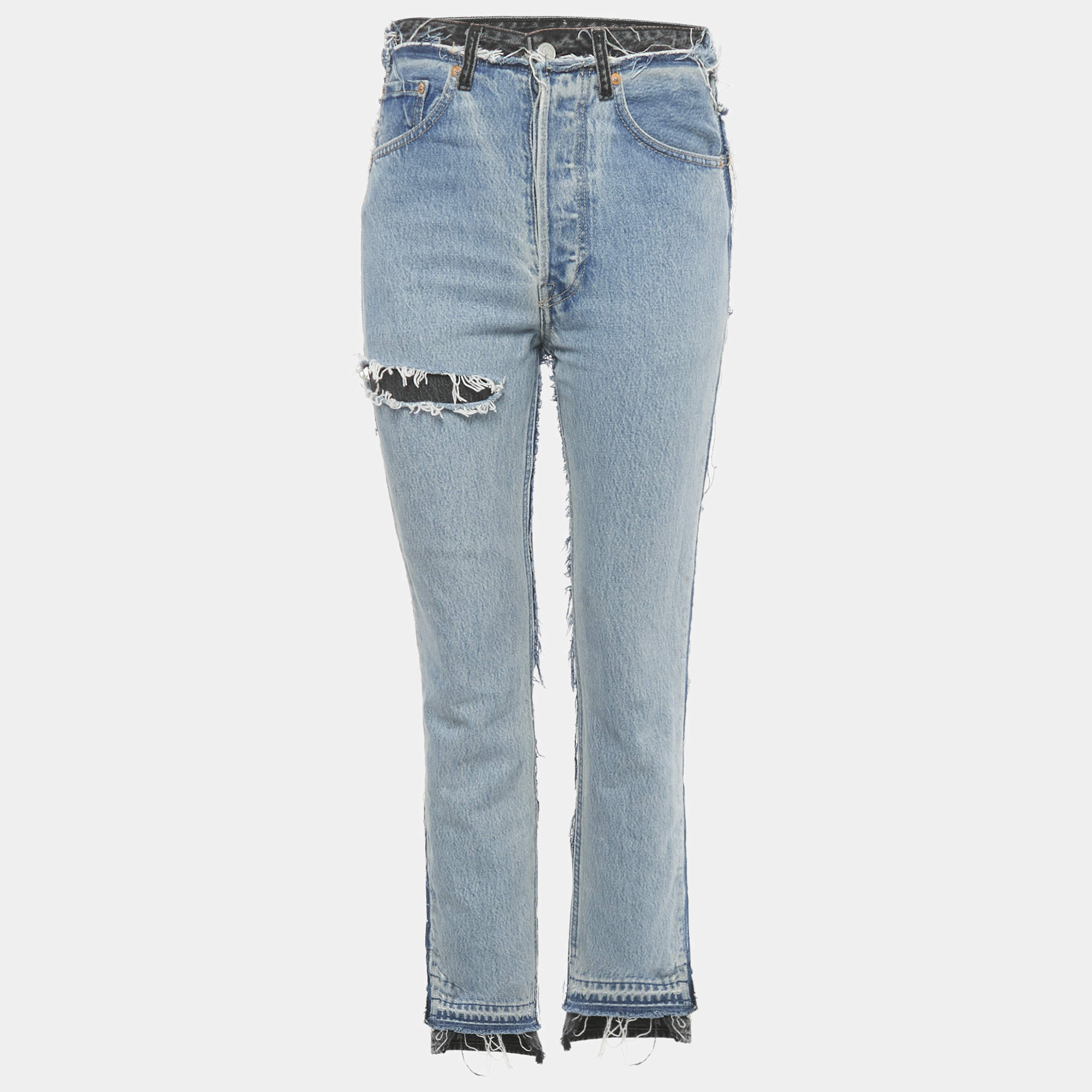 Pre Owned Vetements X Levi's Blue /Black Patchwork Denim Distressed Jeans S Waist 26"