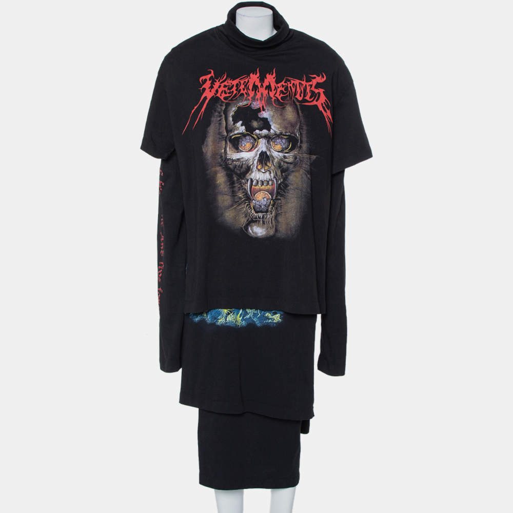 Vetements Black Skull Printed Cotton Layered Oversized T-Shirt Dress S