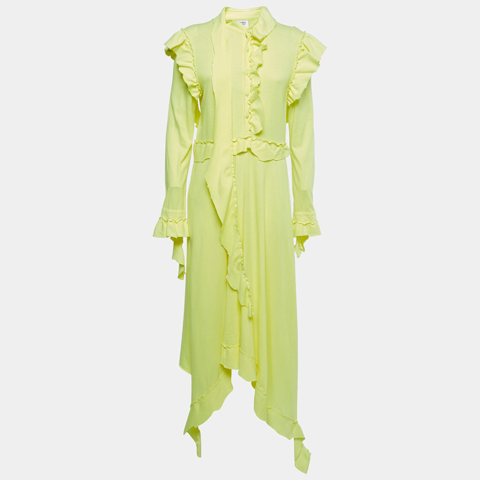 Pre Owned Vetements Neon Yellow Cotton Knit Full Sleeve Ruffled Asymmetrical Midi Dress M