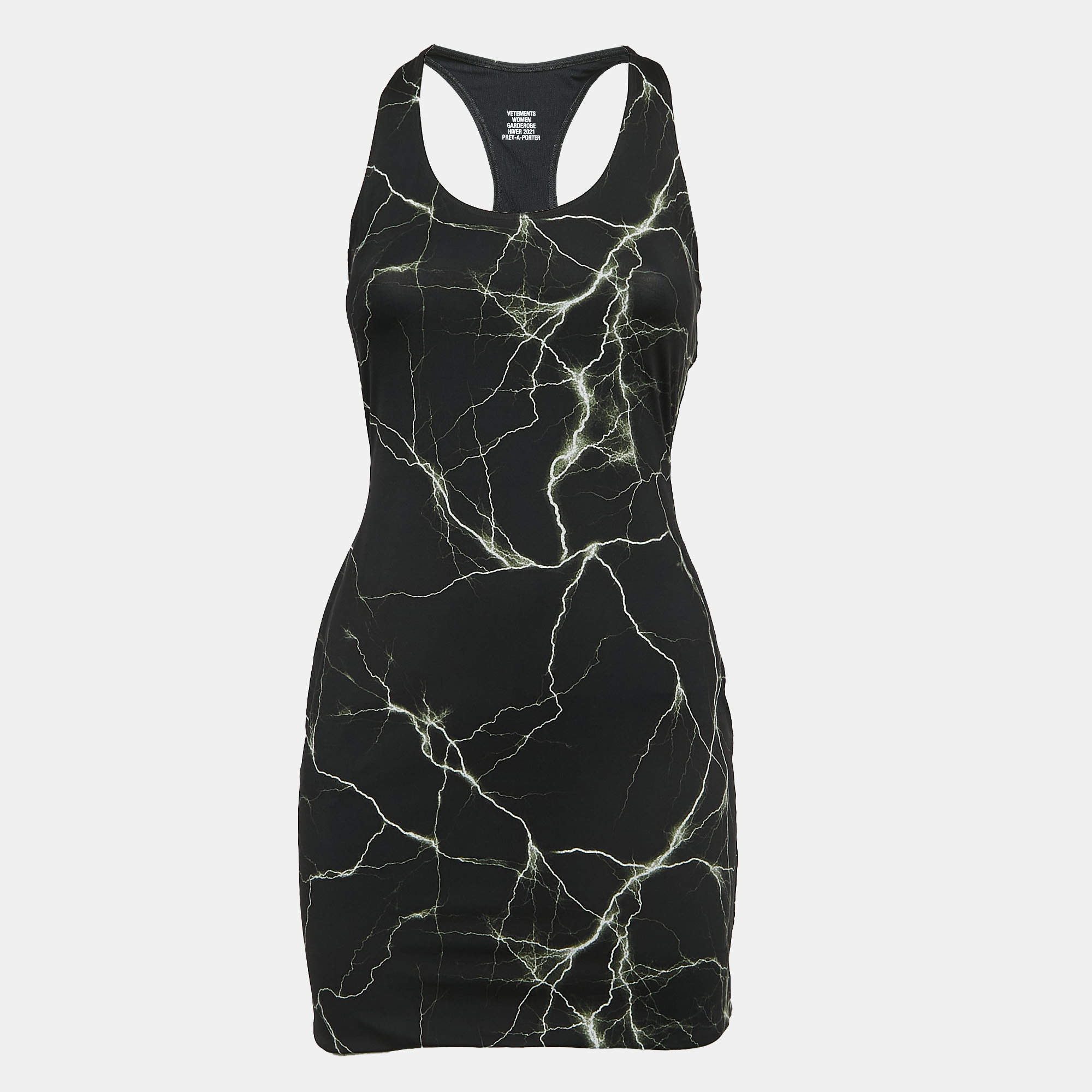 Pre Owned Vetements Black Marble Print Jersey Cut-out Fitted Mini Dress L