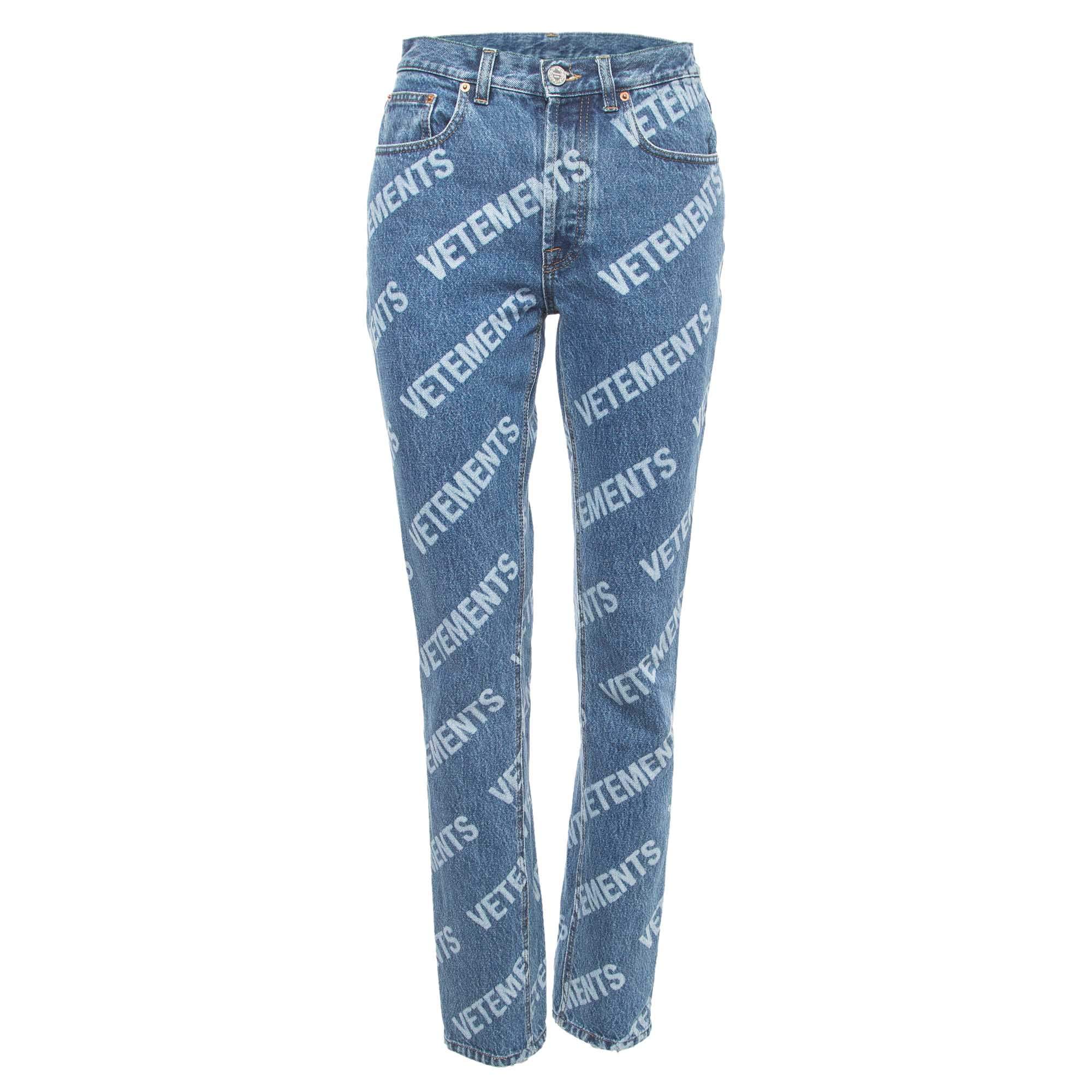 Pre Owned Vetements Blue All-Over Print Washed Denim Jeans S Waist 27"