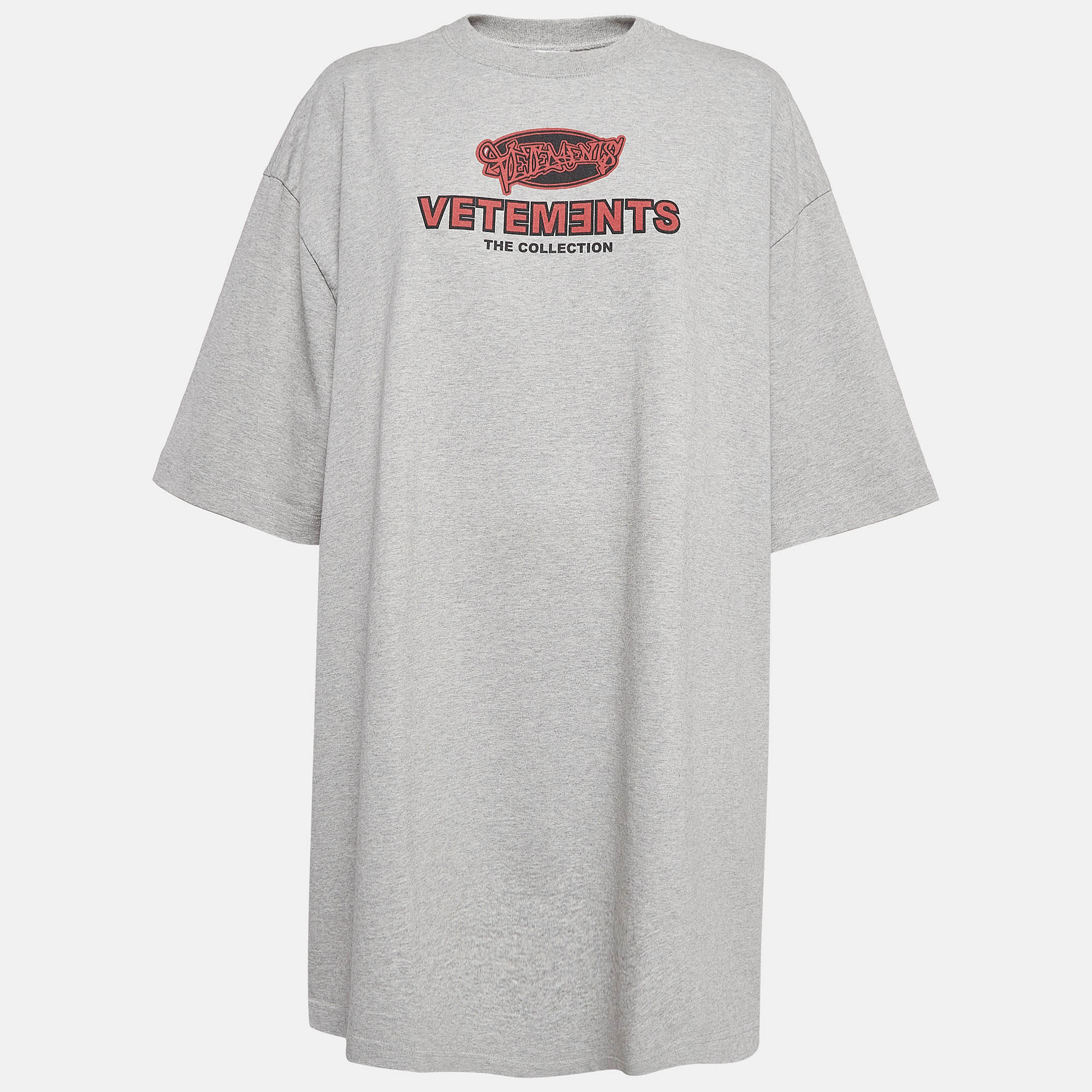 Pre Owned Vetements Grey Printed Cotton Side Slit Detail T-Shirt M
