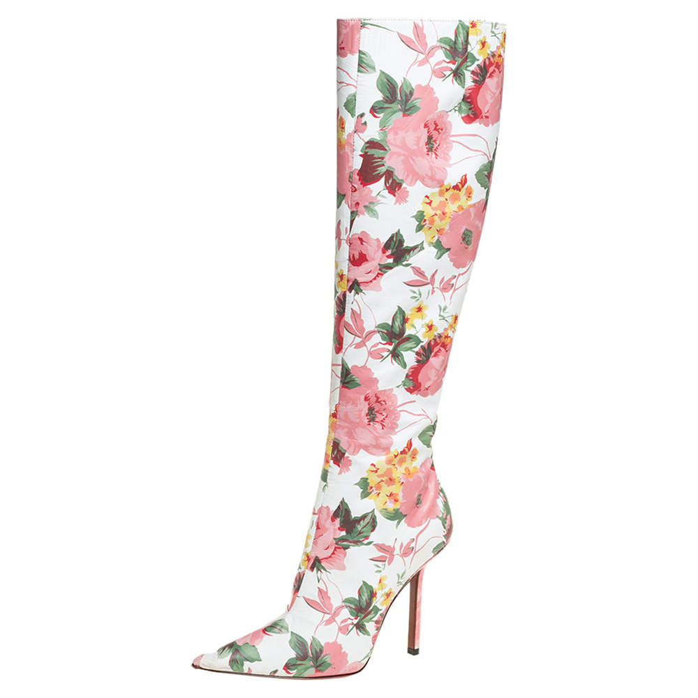 Pre Owned Vetements Multicolor Floral Print Leather Over The Knee Boots Size 38