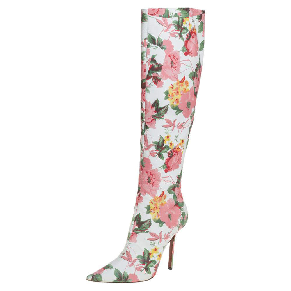 Pre Owned Vetements Multicolor Floral Print Leather Over The Knee Boots Size 39