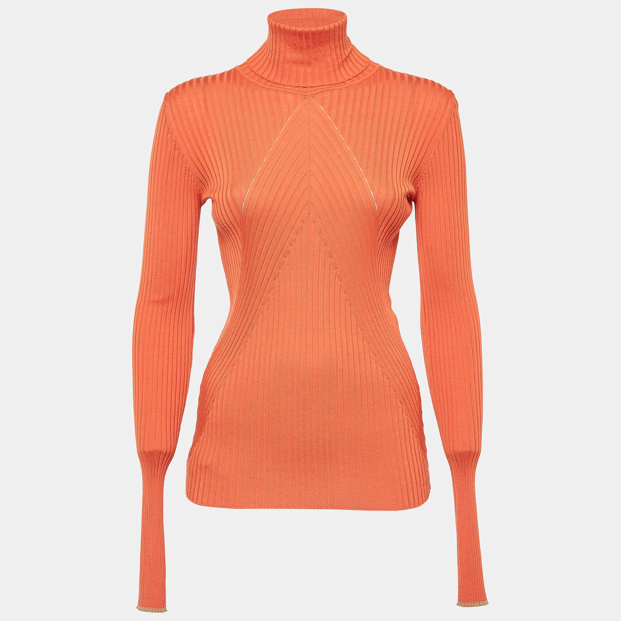 Pre Owned Victoria Beckham Orange Rib Chevron Slim Polo Neck Top M
