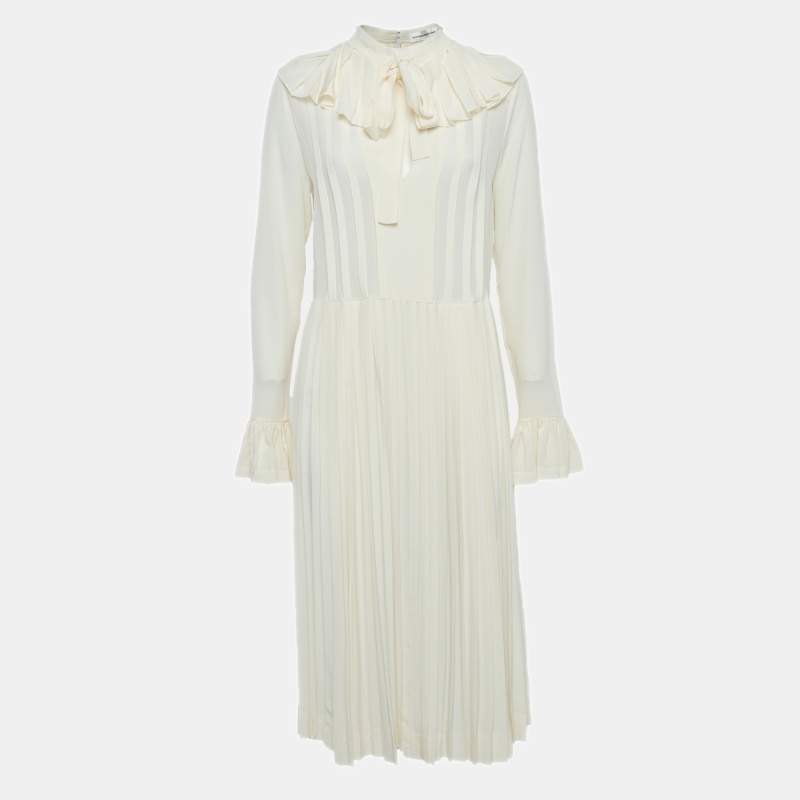 Pre Owned Victoria Beckham Vanilla Cream Pleated Silk Tea Dress S