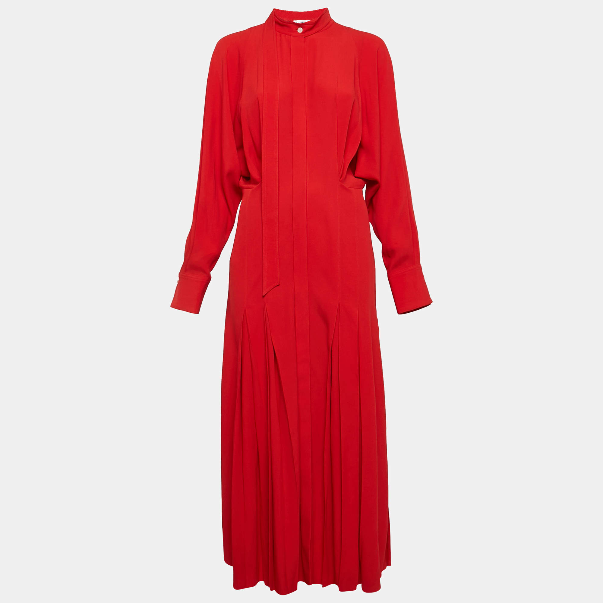 Pre Owned Victoria Beckham Red Sateen Pleated Button Front Maxi Dress M