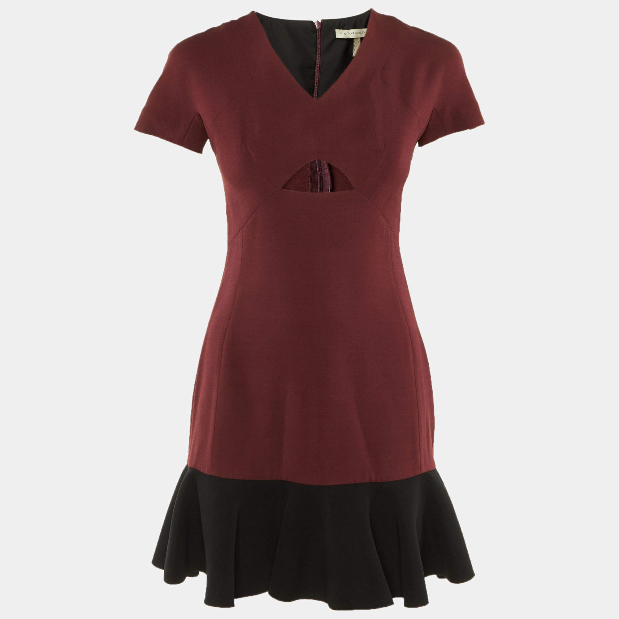 Pre Owned Victoria Beckham Burgundy/Black Silk & Wool Flounced Hem Mini Dress S 