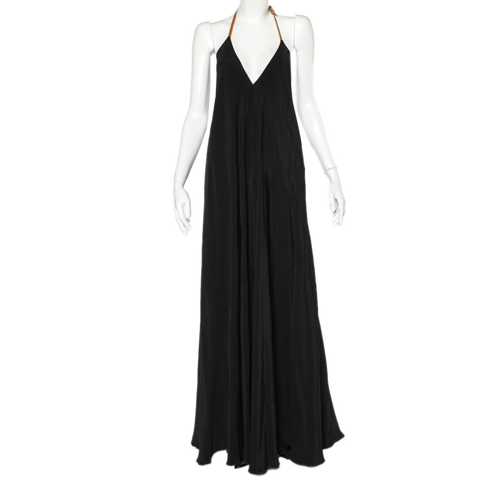 Pre Owned Victoria Beckham Black Crepe Leather Trim Halter Neck Flared Dress M
