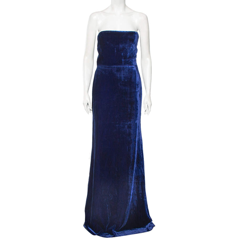 Pre Owned Victoria Beckham Navy Blue Velvet Corset Detail Strapless Gown M