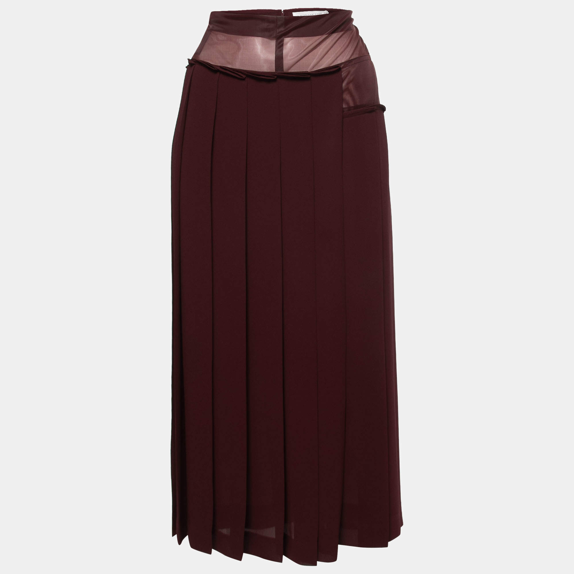 Pre Owned Victoria Beckham Burgundy Crepe Paneled Pleated Midi Skirt S
