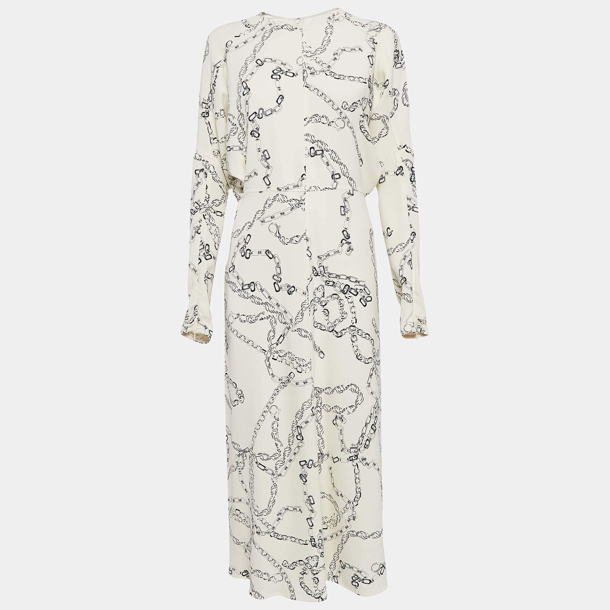 Pre Owned Victoria Beckham Off-White Chain Print Crepe Midi Dress M