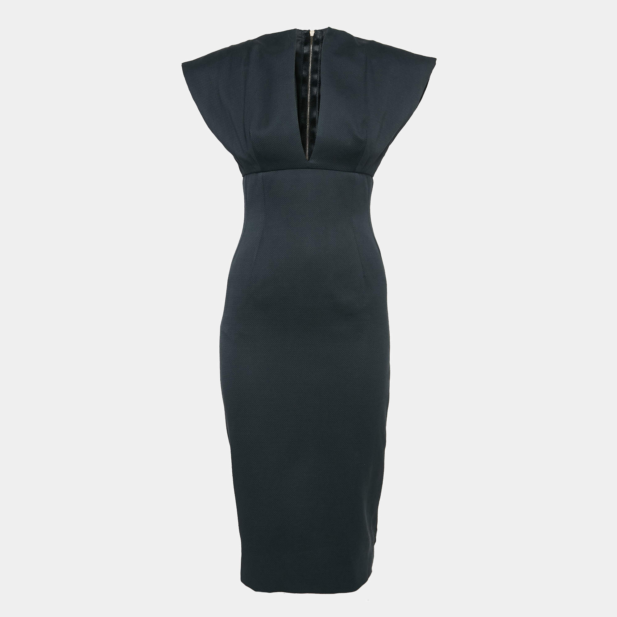 Pre Owned Victoria Beckham Black Cotton Canvas Plunging Neck Sheath Dress M