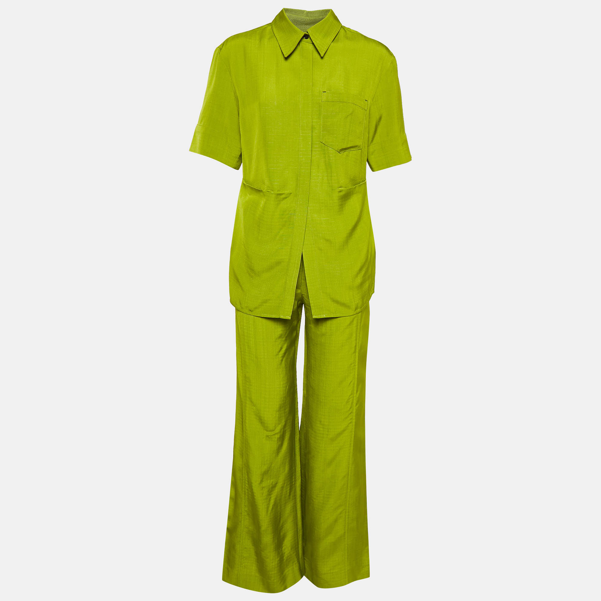 Pre Owned Victoria Beckham Green Crepe Shirt and Flared Pants Set S