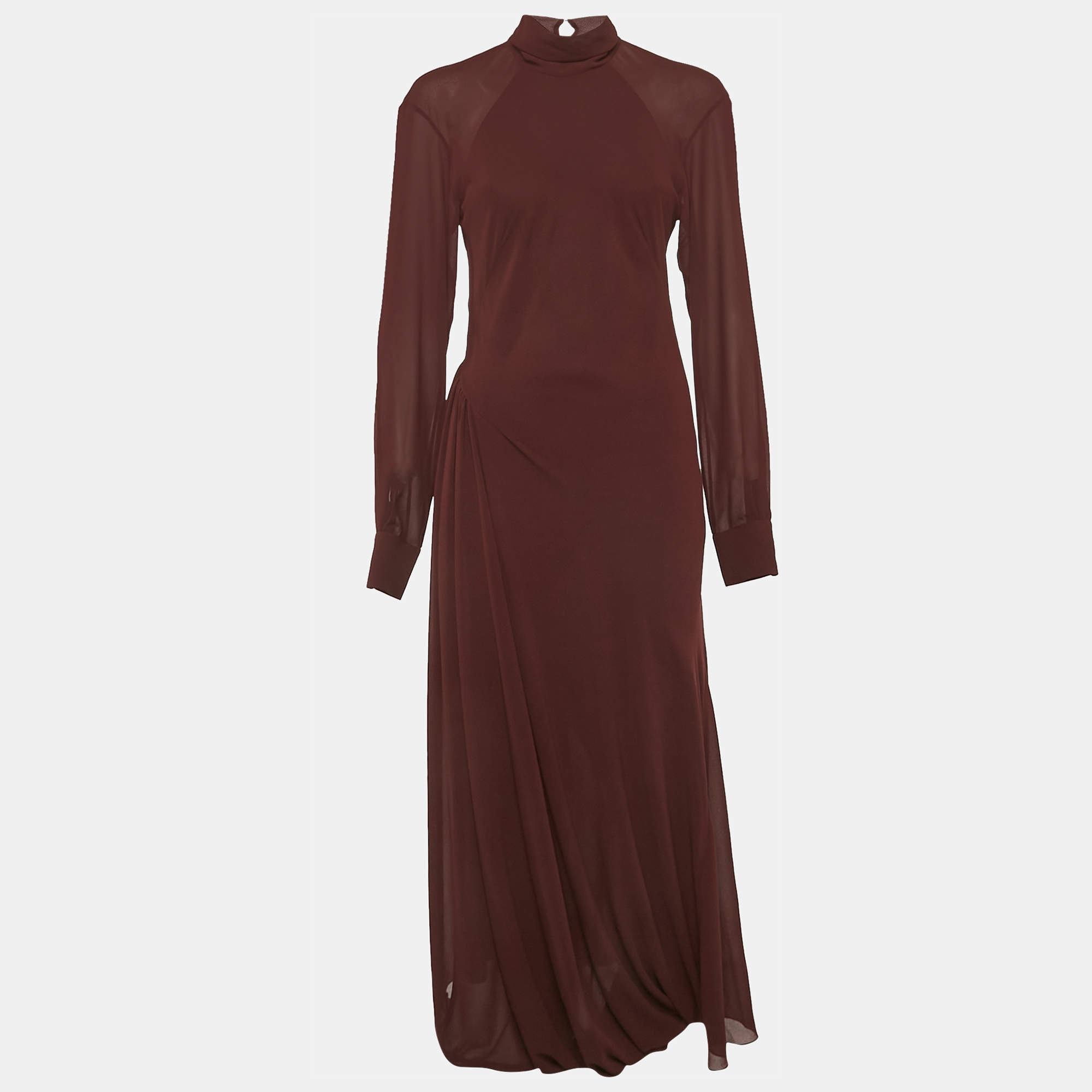 Pre Owned Victoria Beckham Burgundy Crepe High Neck Midi Dress M